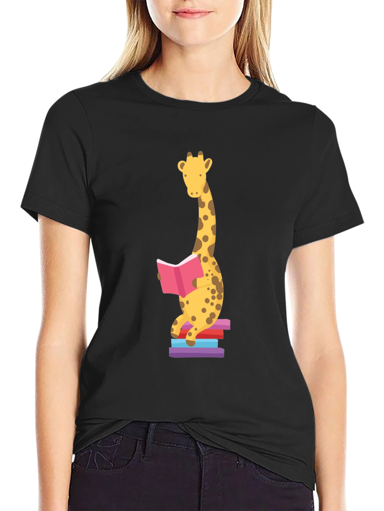 Black Reading Giraffe Graphic Tee - Soft Cotton Blend view 2
