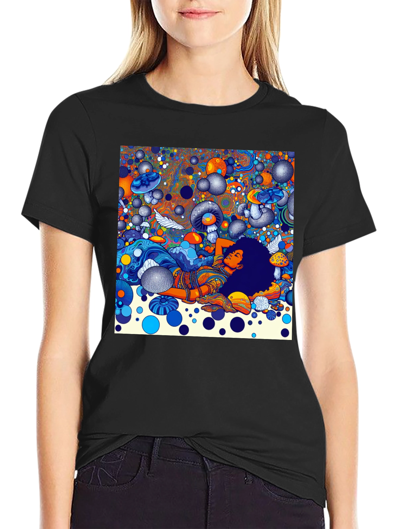Black Psychedelic Dream T-Shirt - Colorful Mushroom Scene view 2