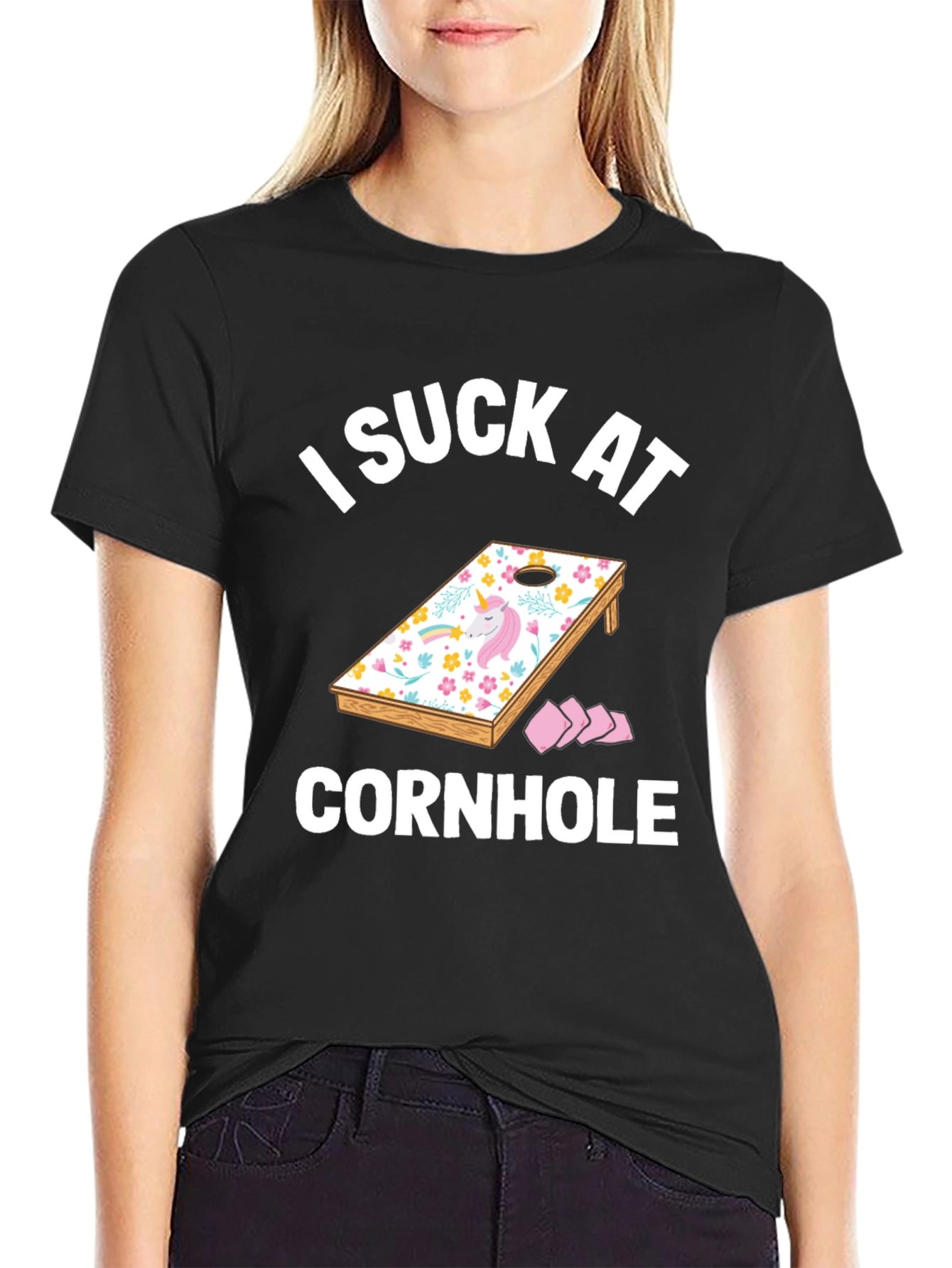 Black I Suck at Cornhole T-Shirt - Unicorn Design view 2
