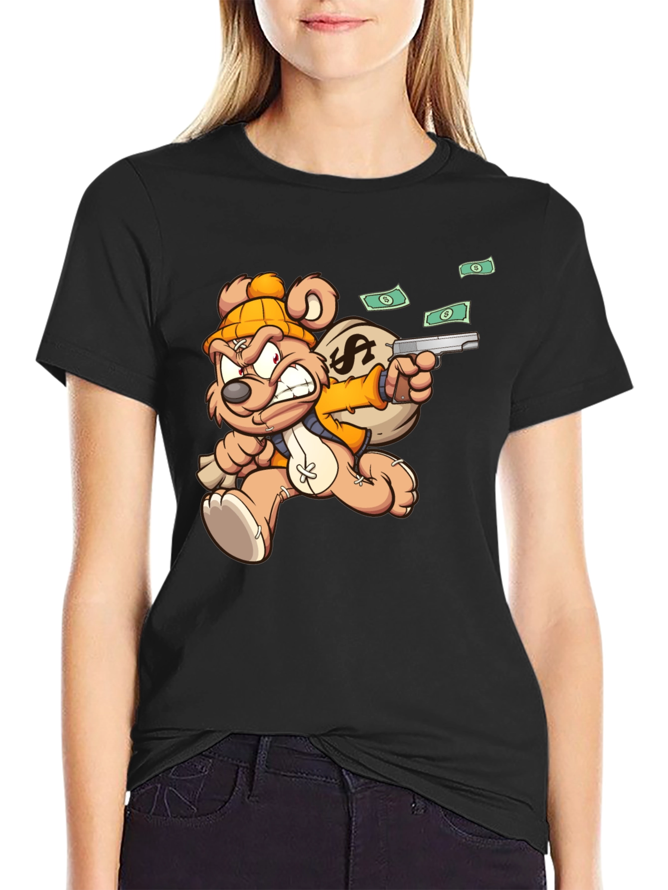 Black Cartoon Teddy Bear with Gun T-Shirt view 2