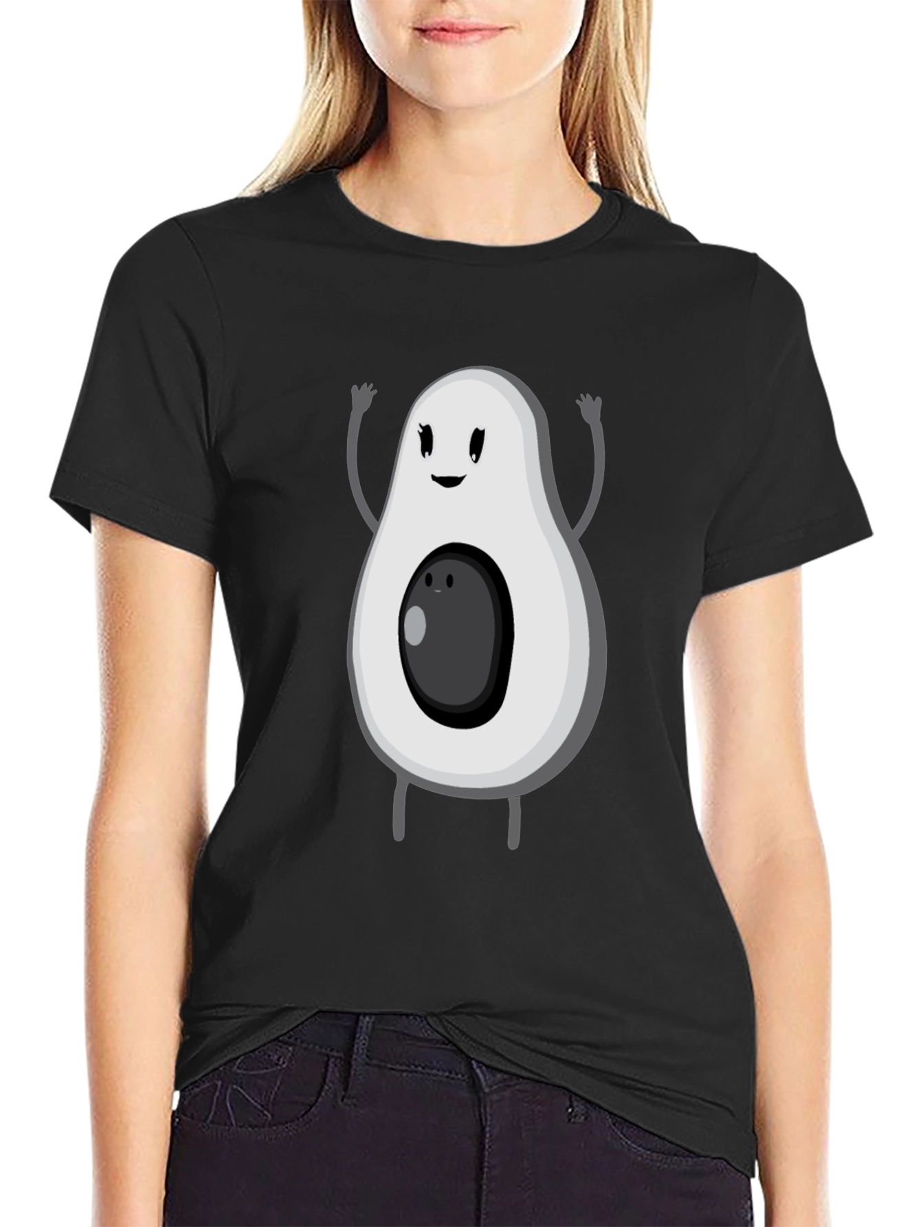 Black Funny Avocado Cartoon Graphic Tee - Black T-Shirt view 2