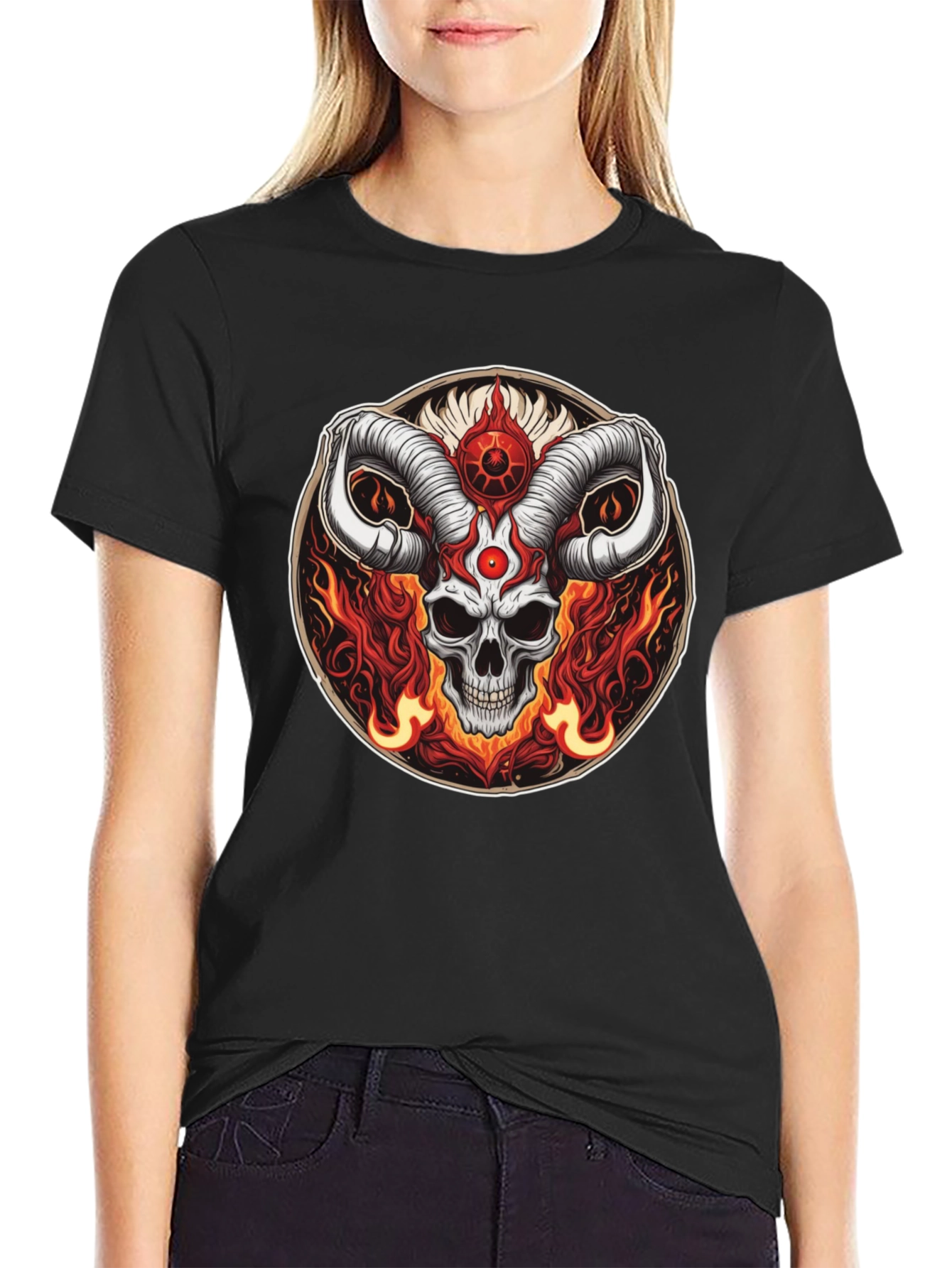 Black Skull Horns Fire Graphic Tee - Black Cotton Shirt view 2