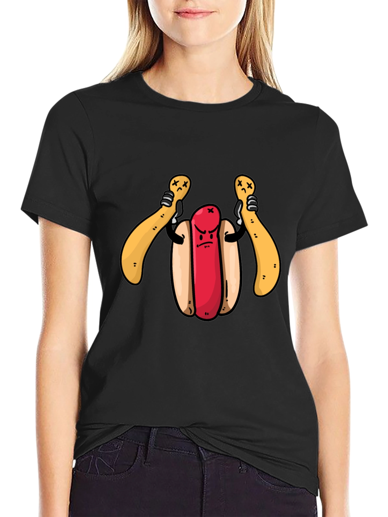 Black Funny Hotdog T-Shirt - Angry Dog view 2