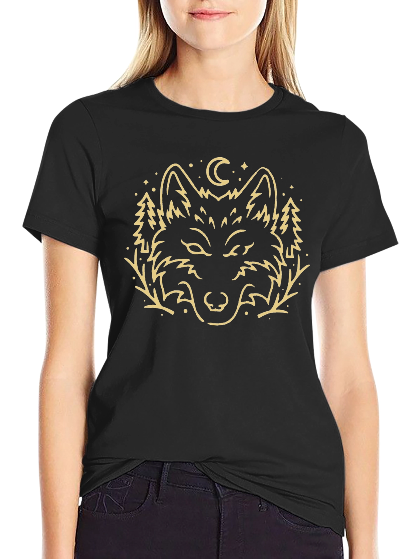 Black Wolf Moon Graphic Tee - Black Cotton T-Shirt view 2