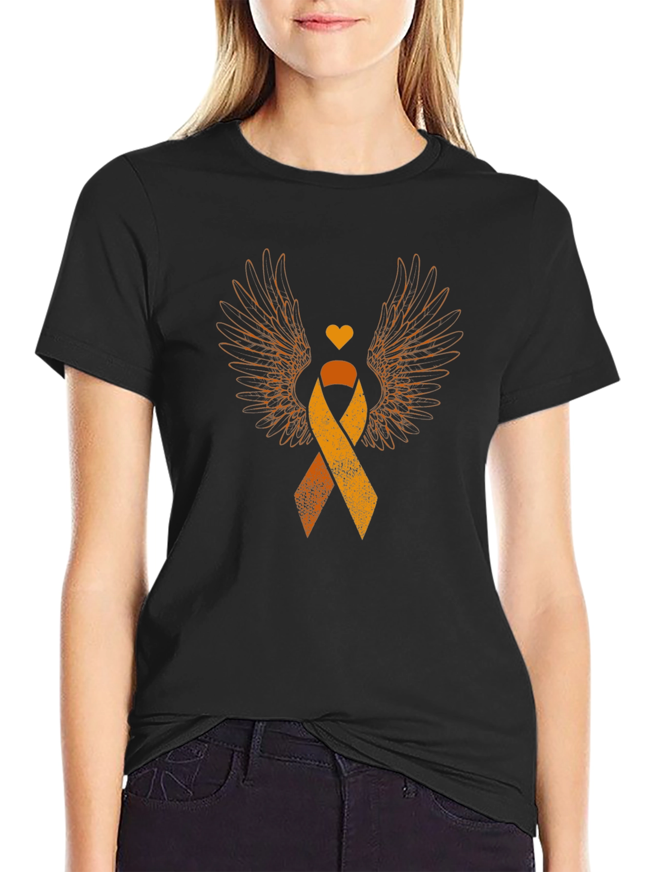 Black Orange Ribbon Wings Awareness T-Shirt view 2