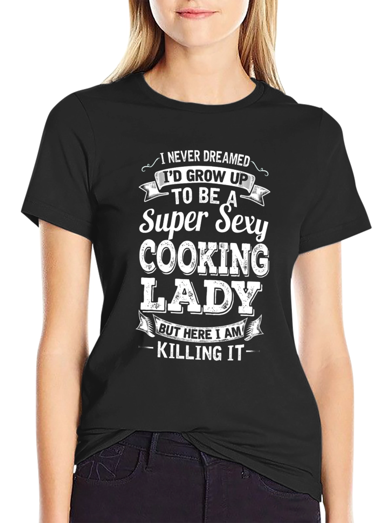 Black Super Sexy Cooking Lady T-Shirt - Novelty Graphic Tee view 2