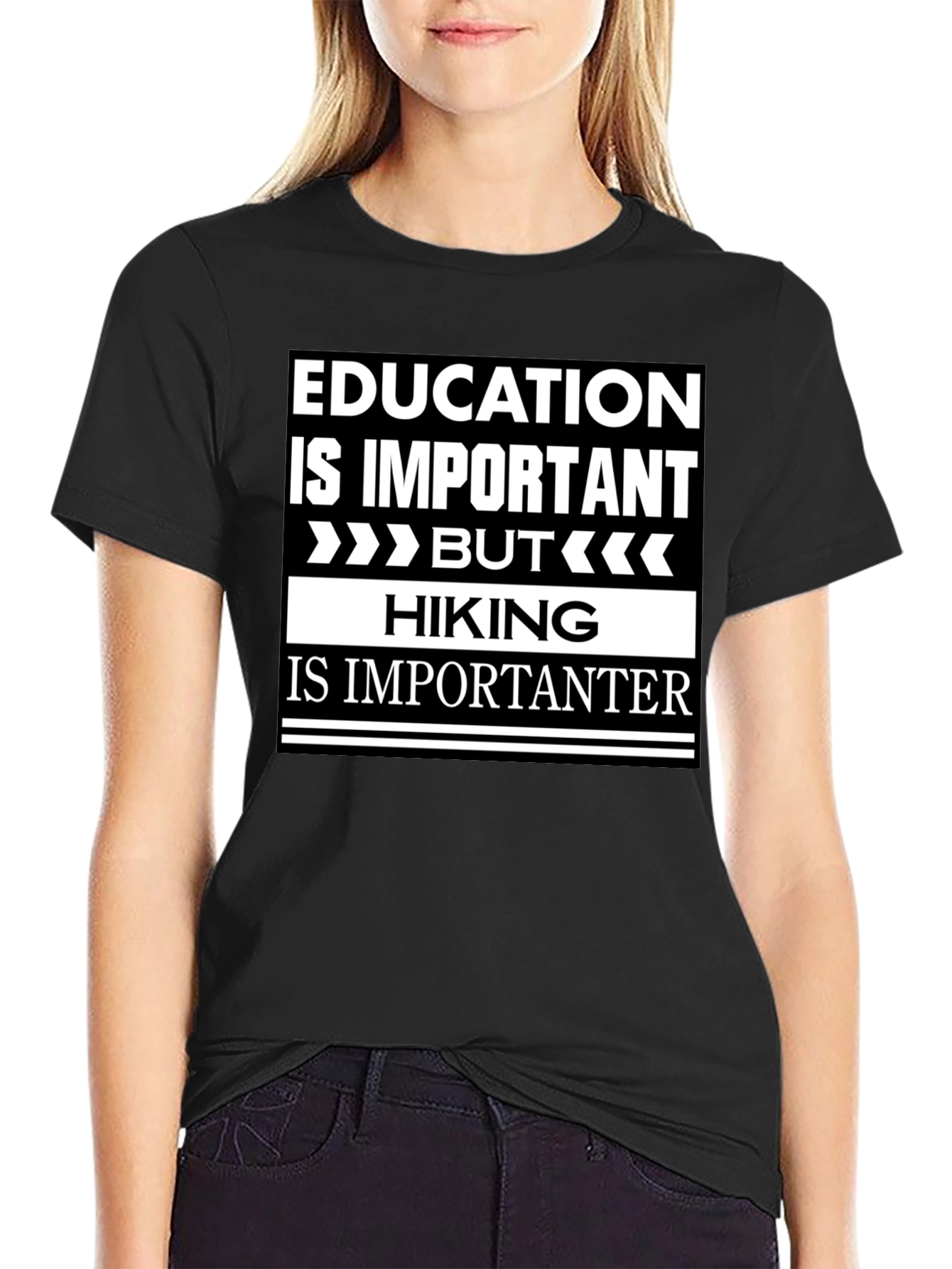 Black Funny Hiking T-Shirt - Education vs. Hiking Humor view 2