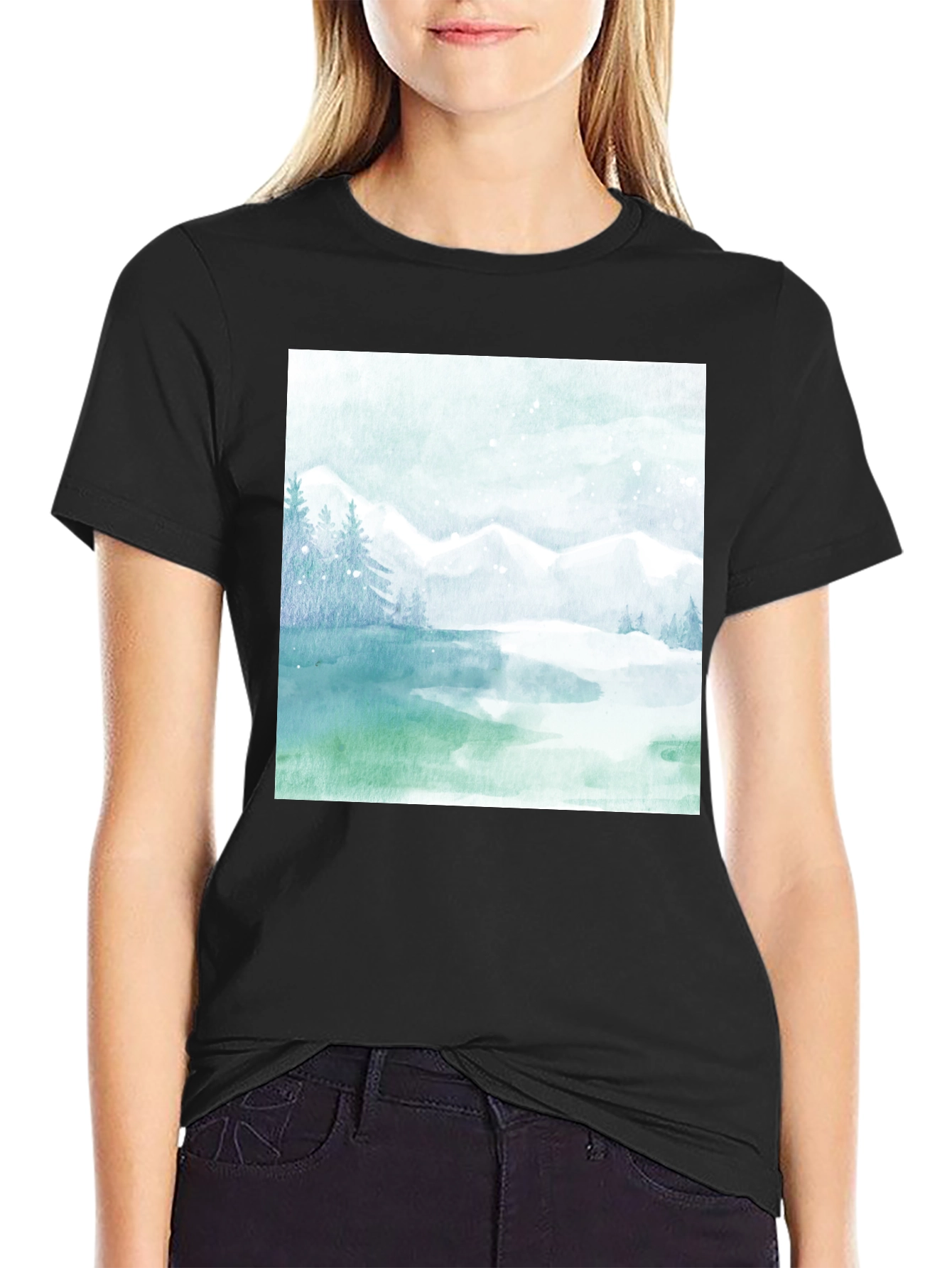 Black Watercolor Mountain Lake Graphic Tee view 2