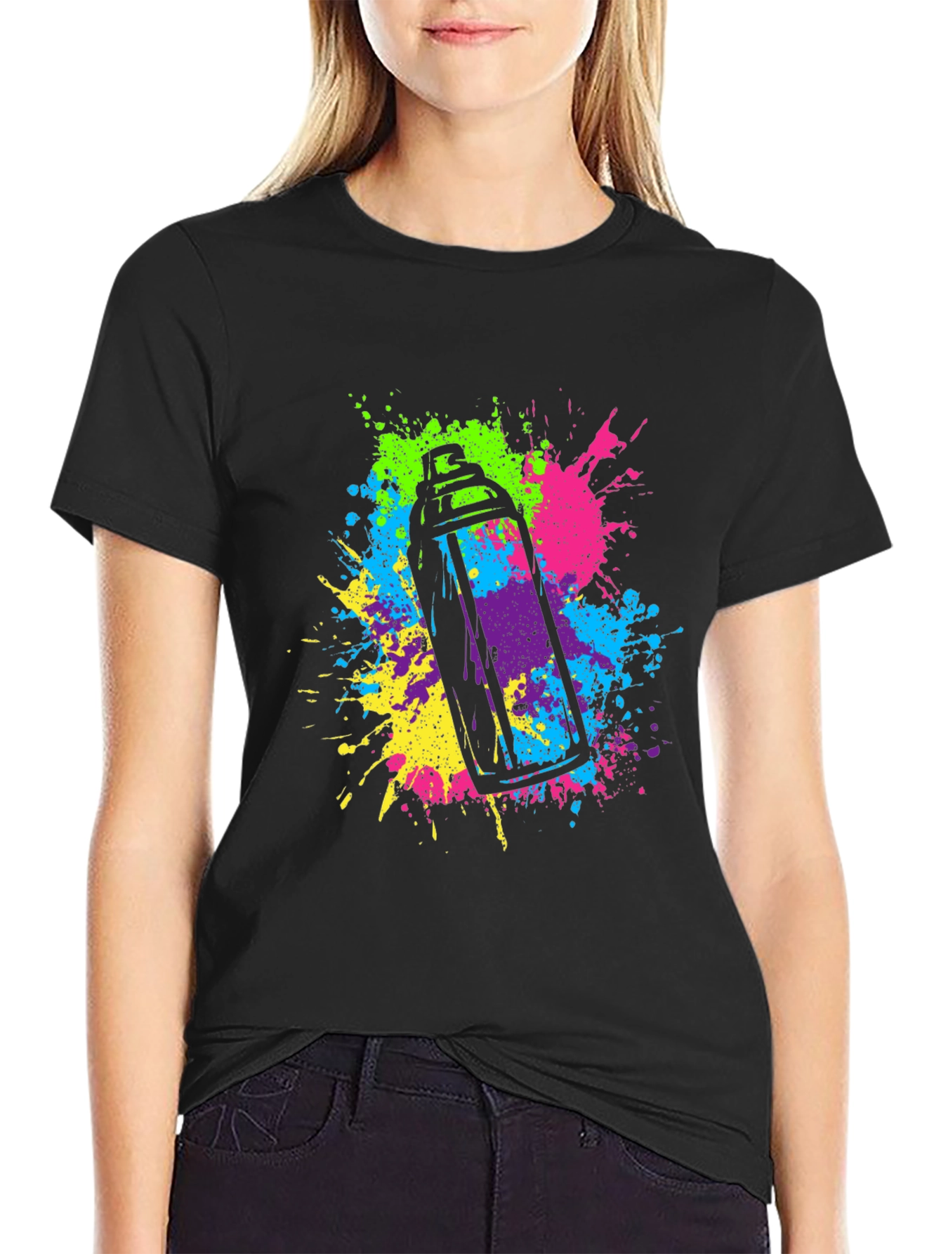 Black Colorful Spray Paint Graphic T-Shirt view 2