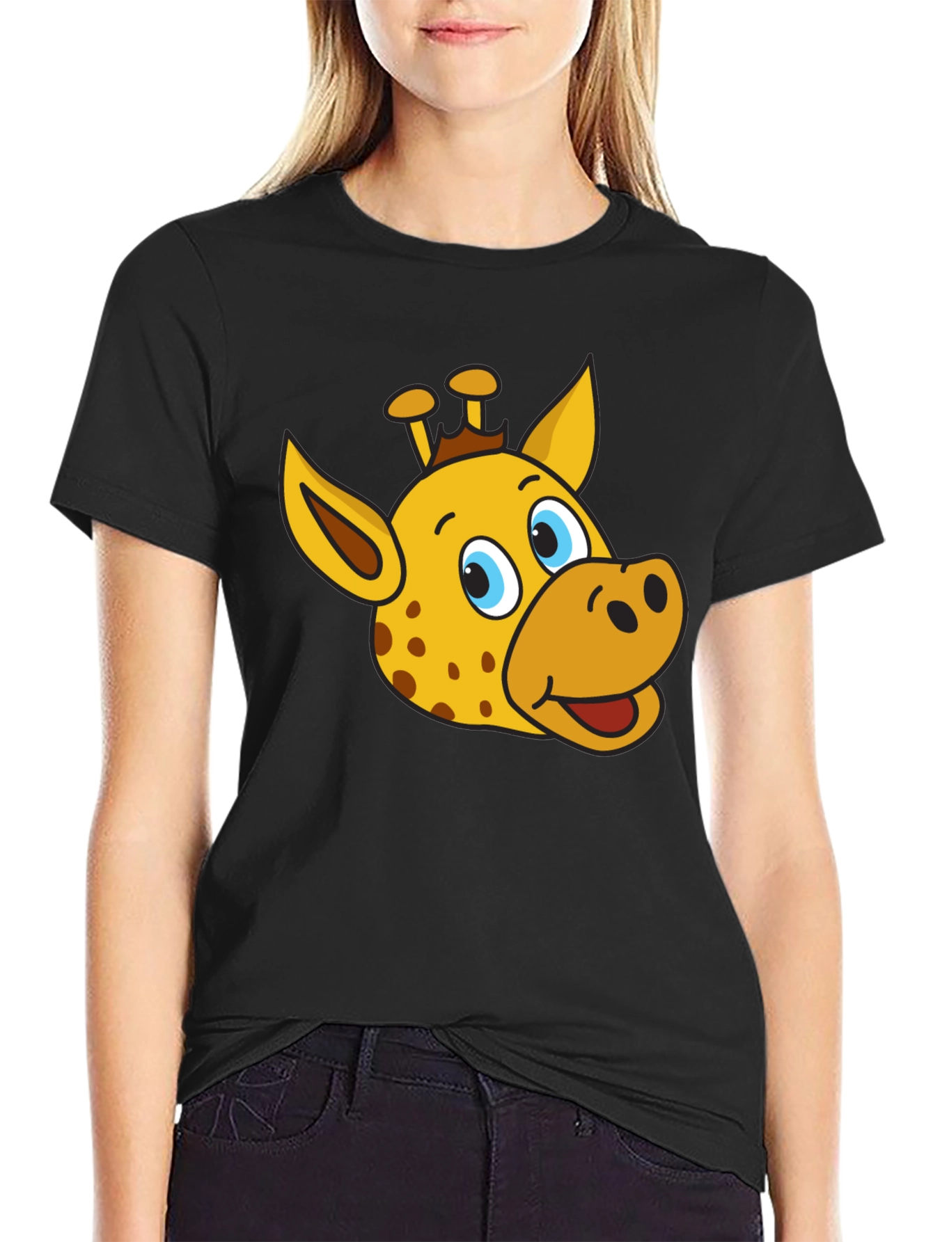 Black Giraffe Cartoon Graphic Tee - Black T-Shirt view 2