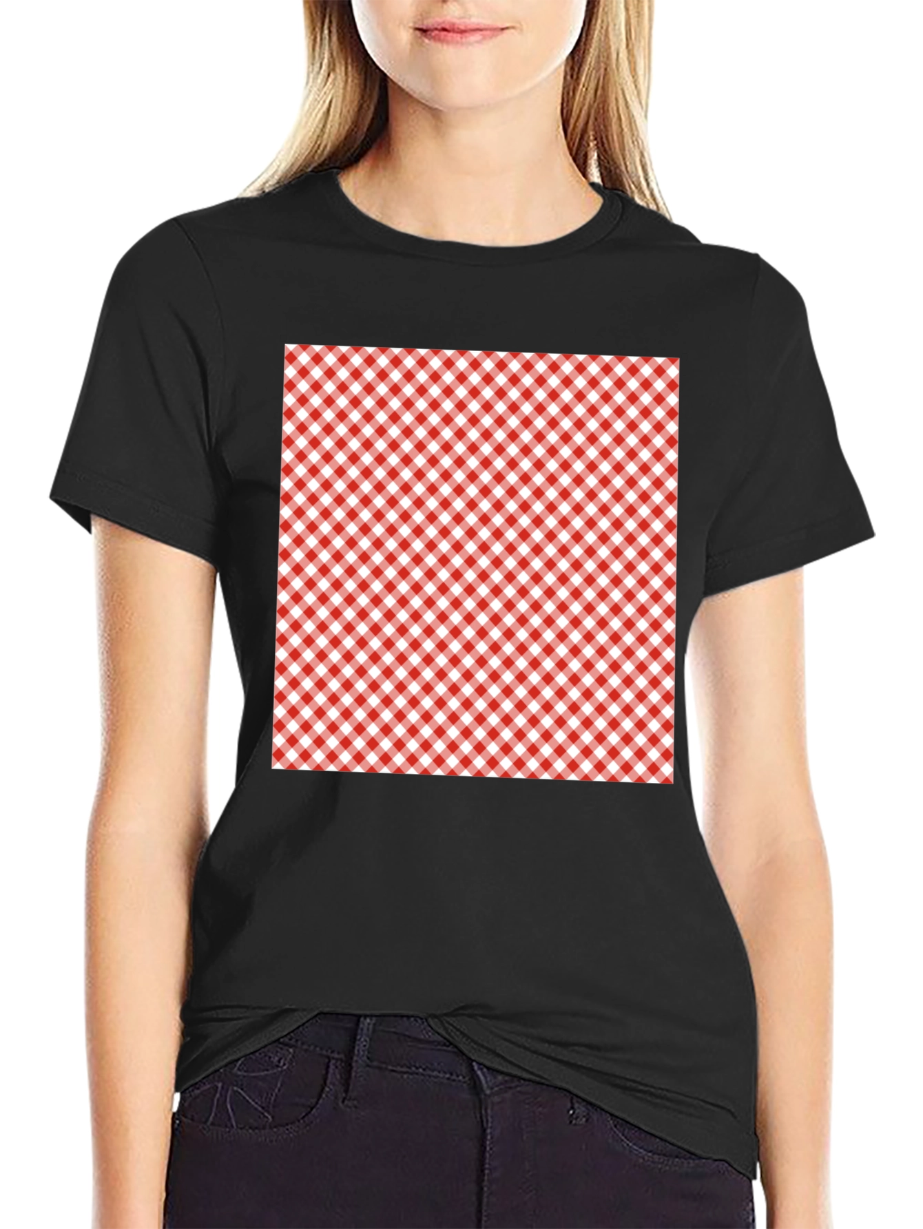 Black Red & White Gingham Patterned T-Shirt view 2