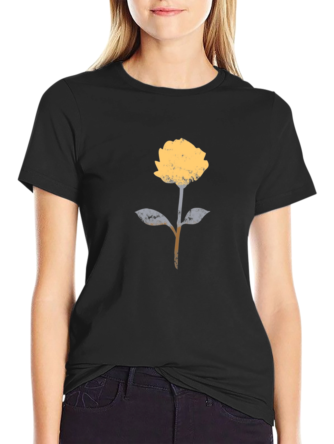 Black Modern Floral Graphic T-Shirt - Black Cotton Blend view 2