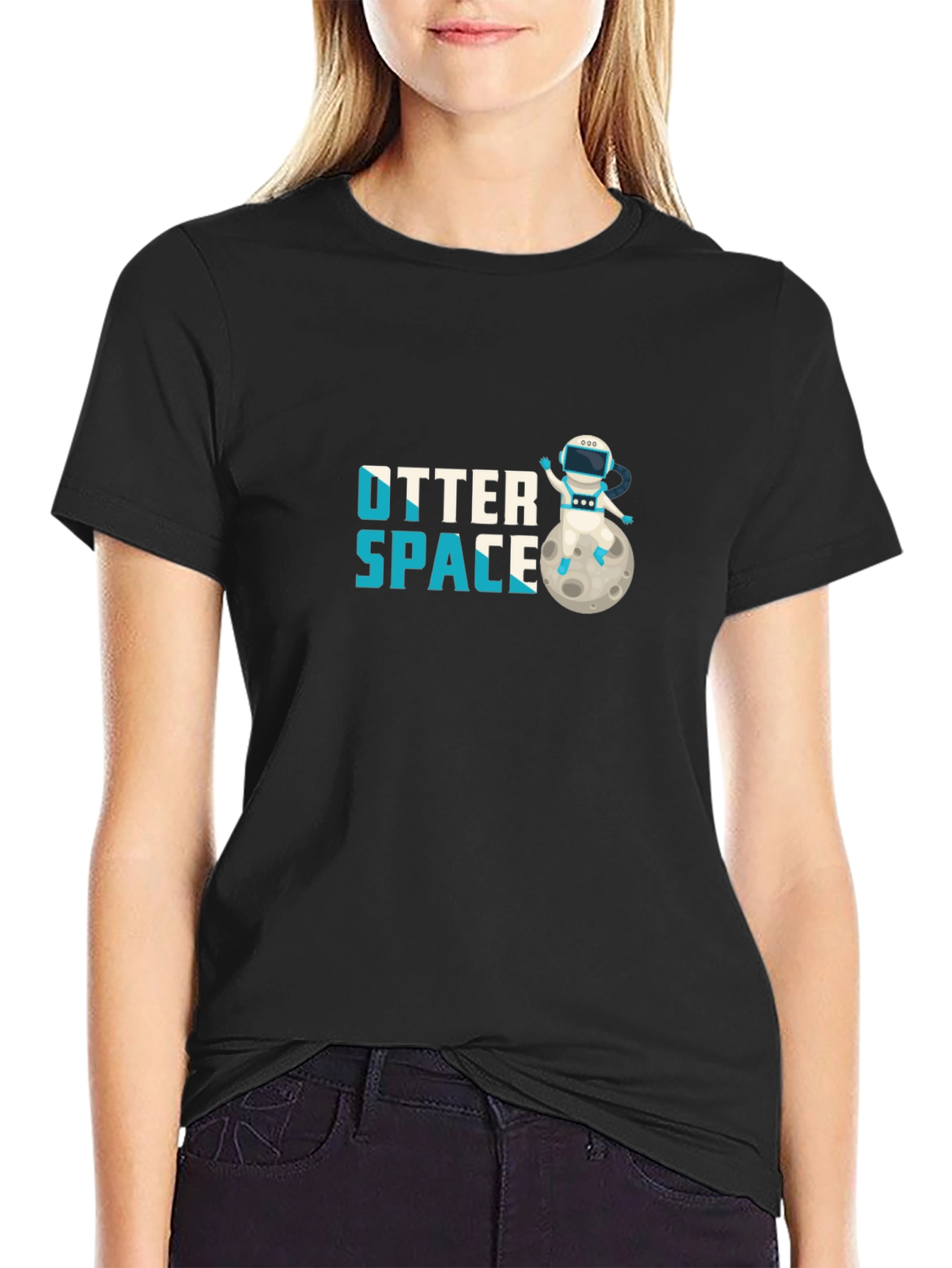 Black Otter Space T-Shirt - Astronaut Otter on Moon view 2