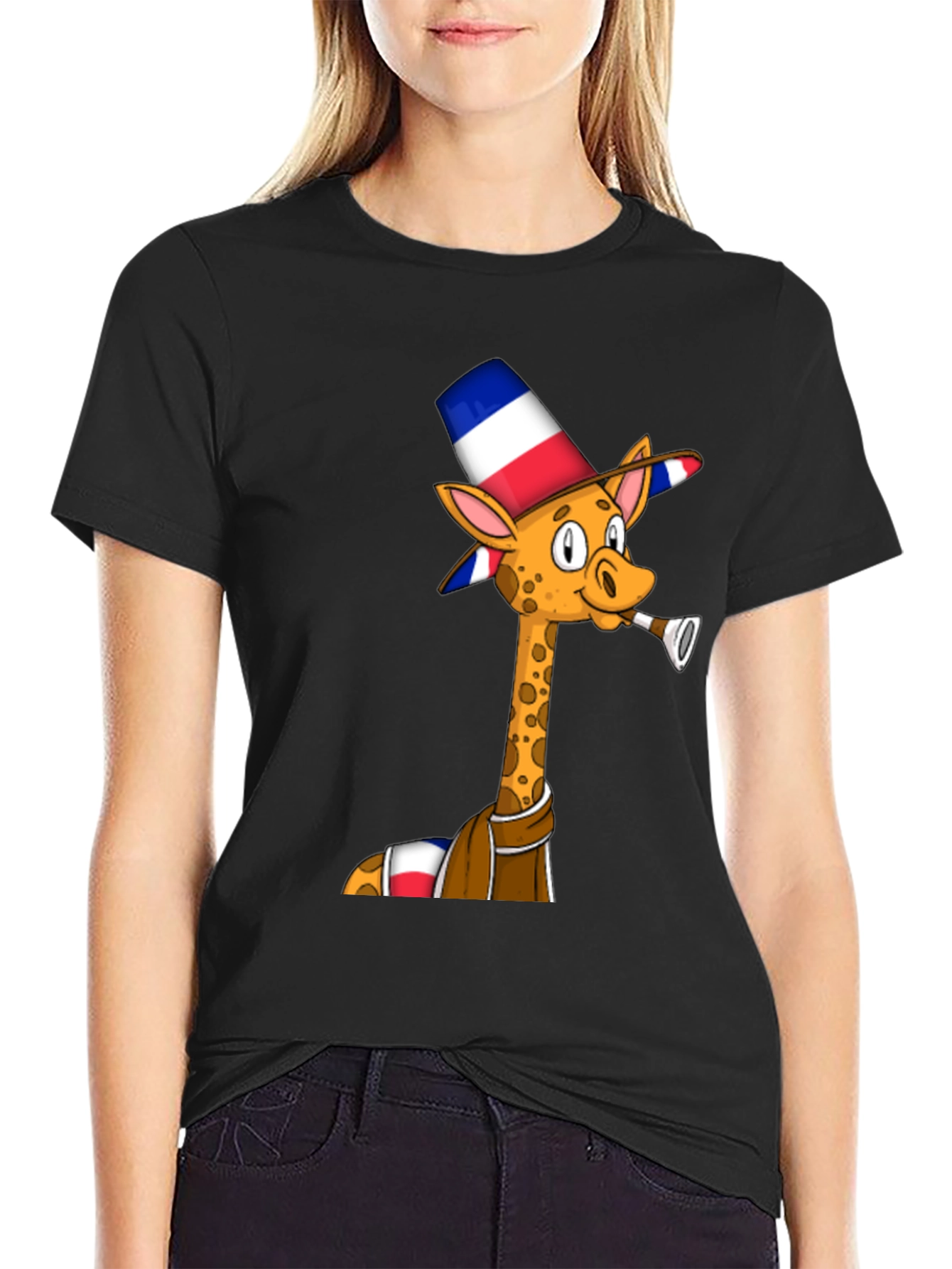 Black Giraffe in Hat T-Shirt - Unique Graphic Tee view 2