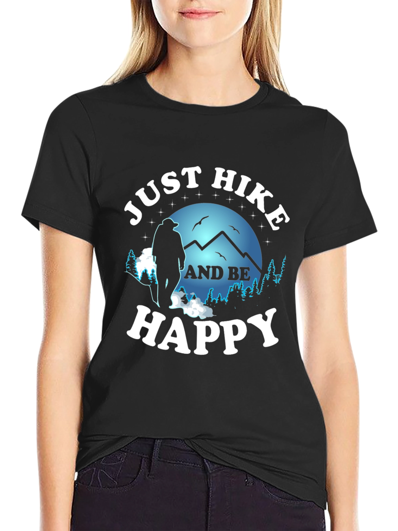 Black Just Hike and Be Happy Graphic T-Shirt view 2