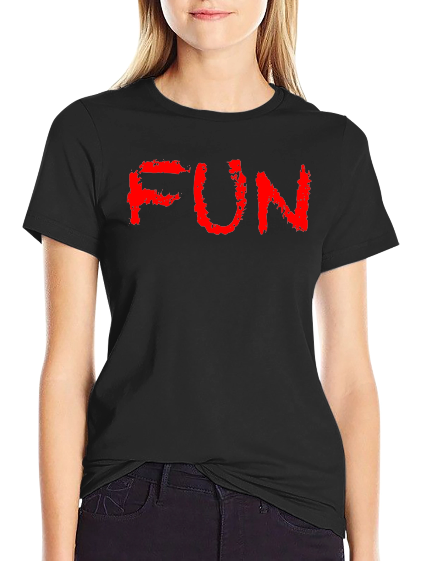 Black FUN Red Text Black Cotton T-Shirt view 2