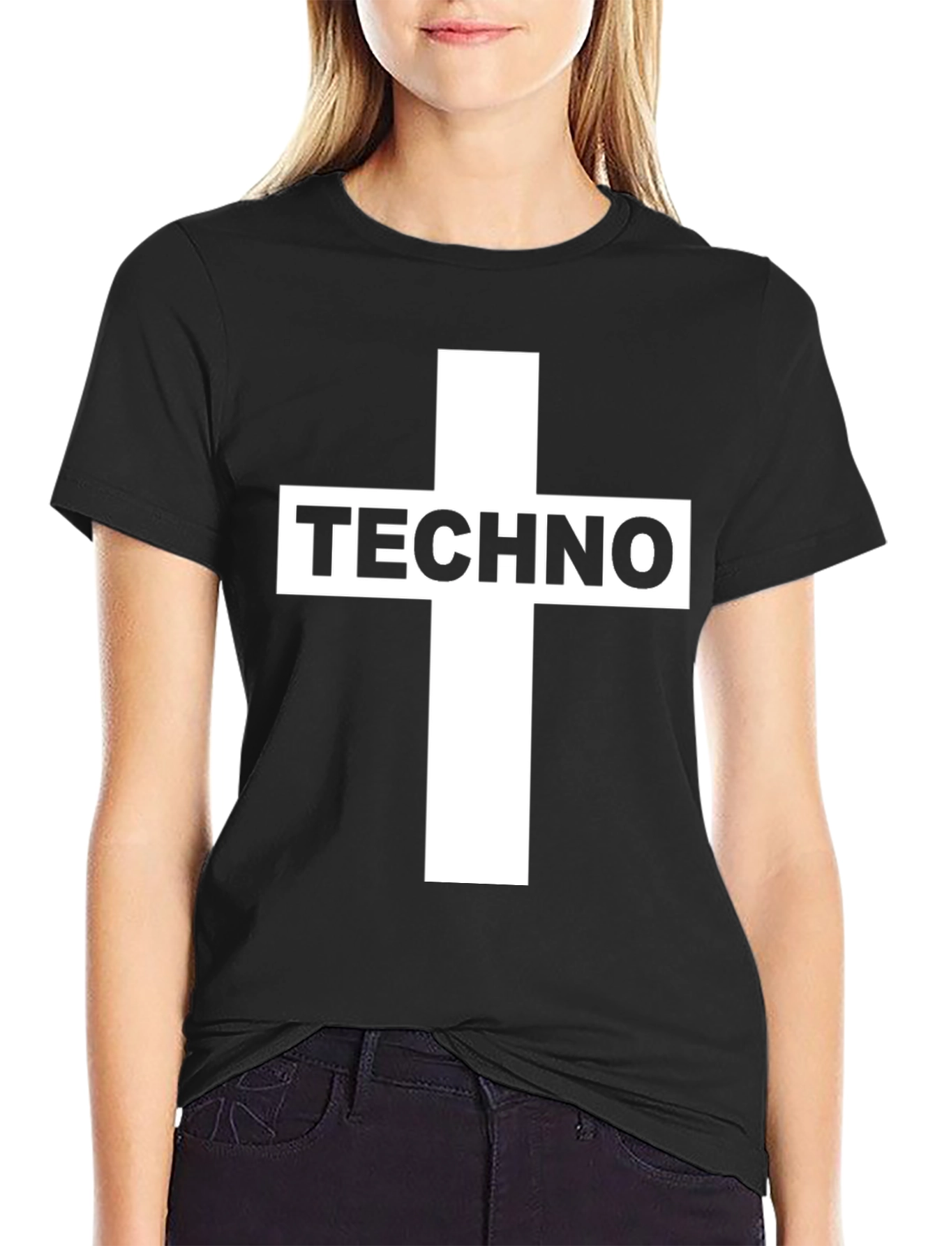 Black Techno Cross Graphic T-Shirt - Black Crew Neck Tee view 2
