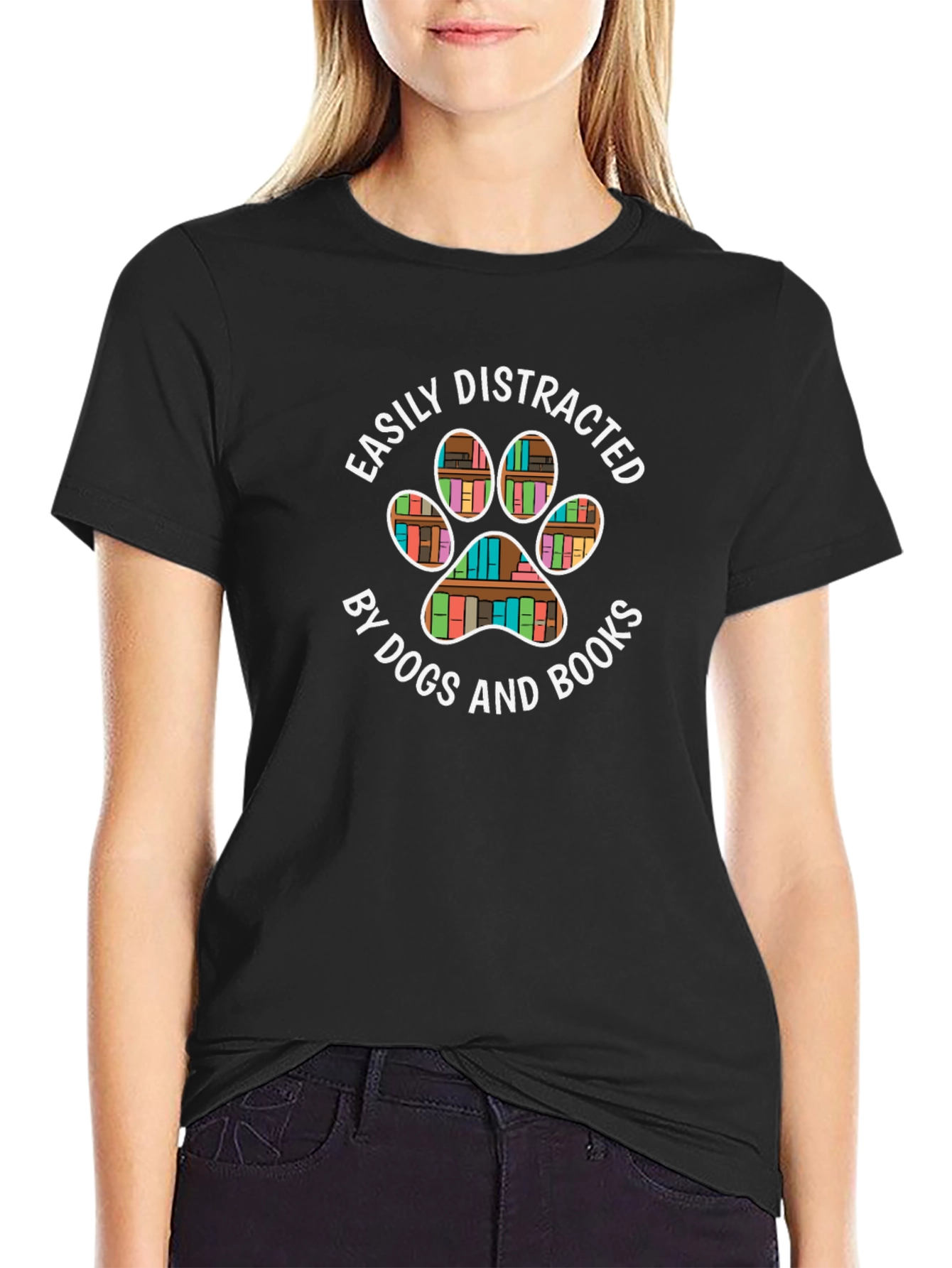Black Easily Distracted By Dogs and Books T-Shirt view 2