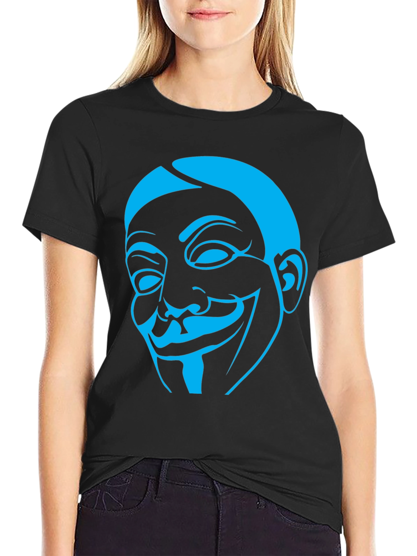 Black Guy Fawkes Mask Graphic Tee - Black Cotton Shirt view 2