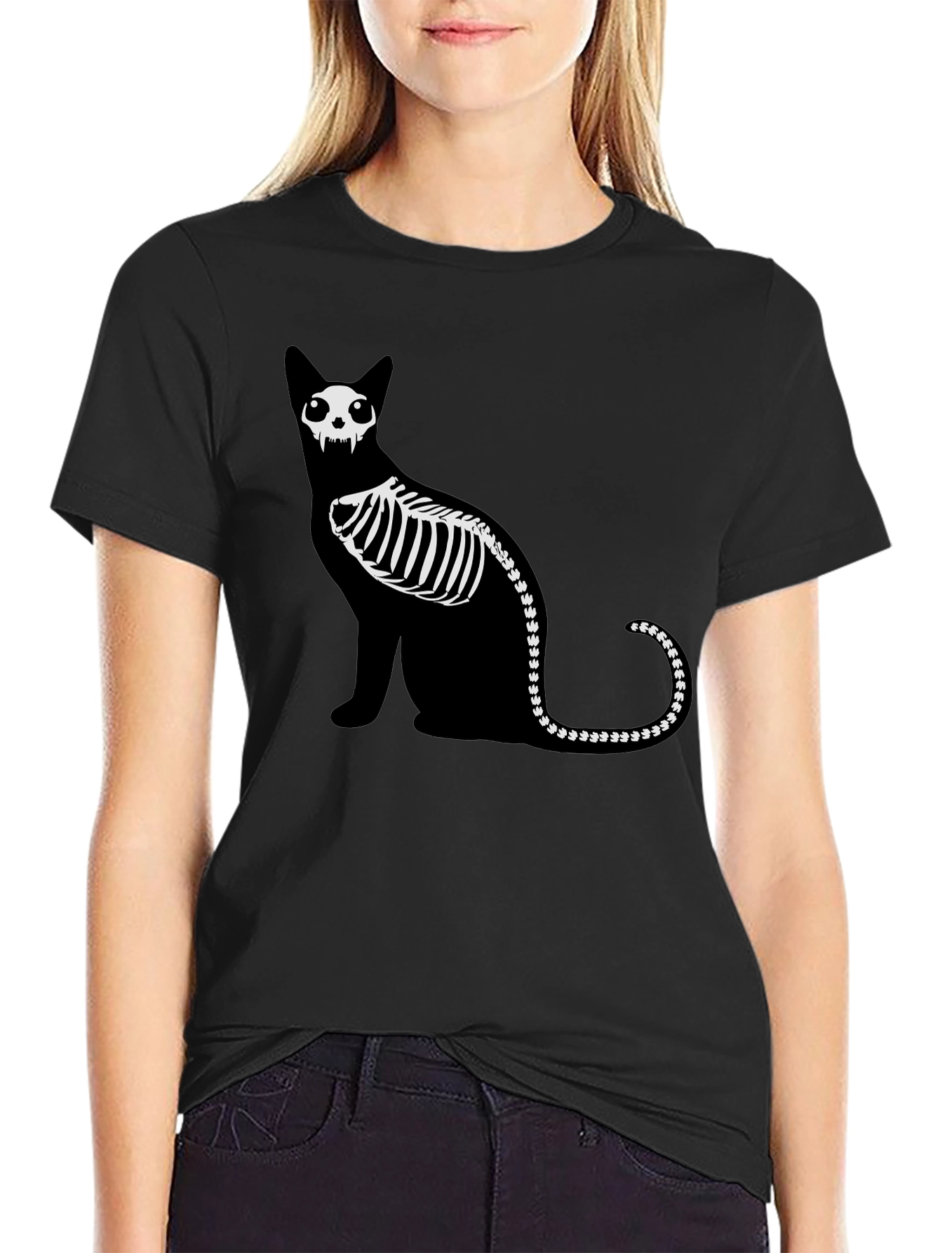 Black Skeleton Cat Graphic Tee - Black Cotton Shirt view 2