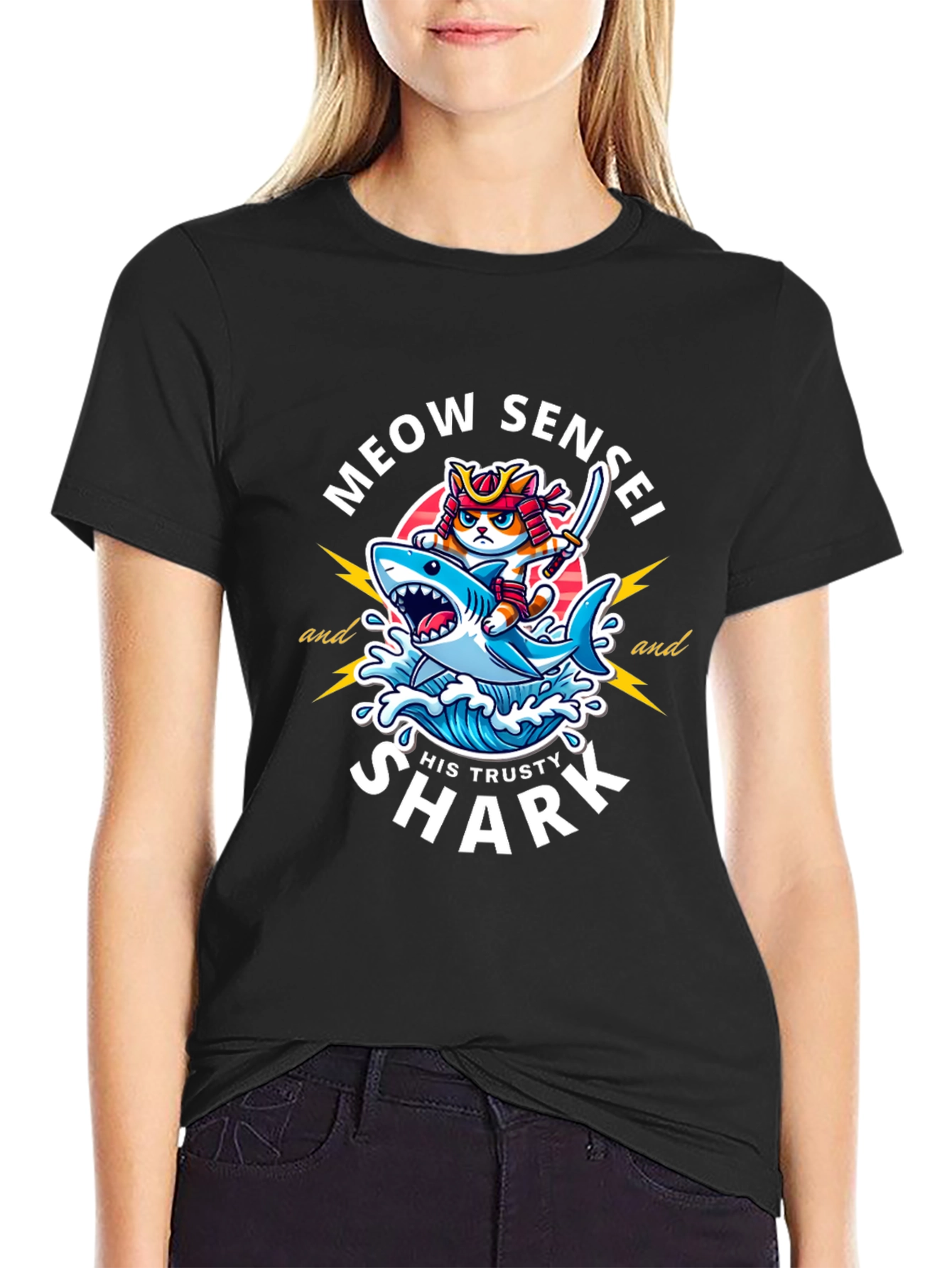 Black Meow Sensei & Shark T-Shirt - Fun Graphic Tee view 2