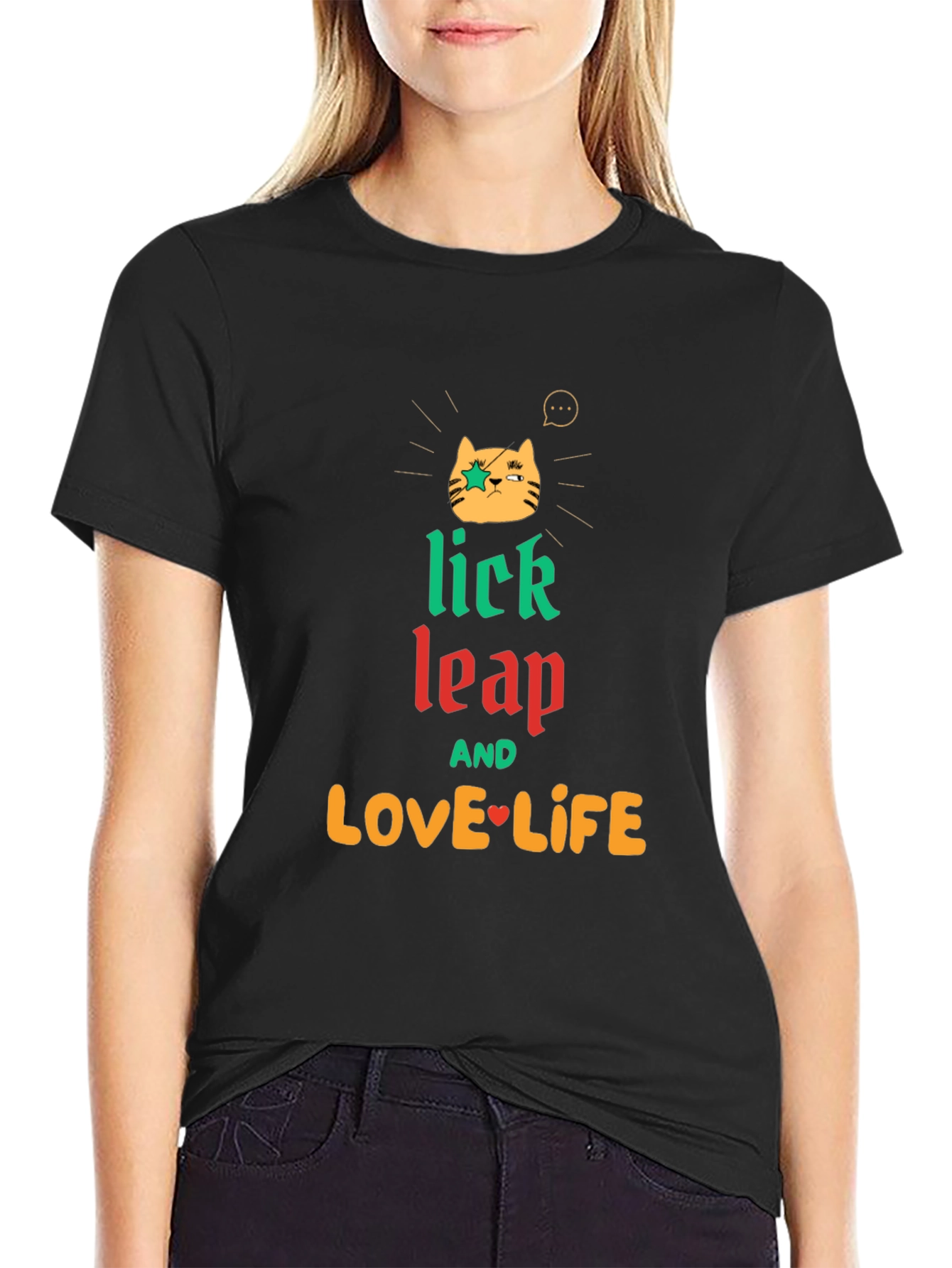Black Lick Leap Love Life Cat Graphic Tee - Black view 2