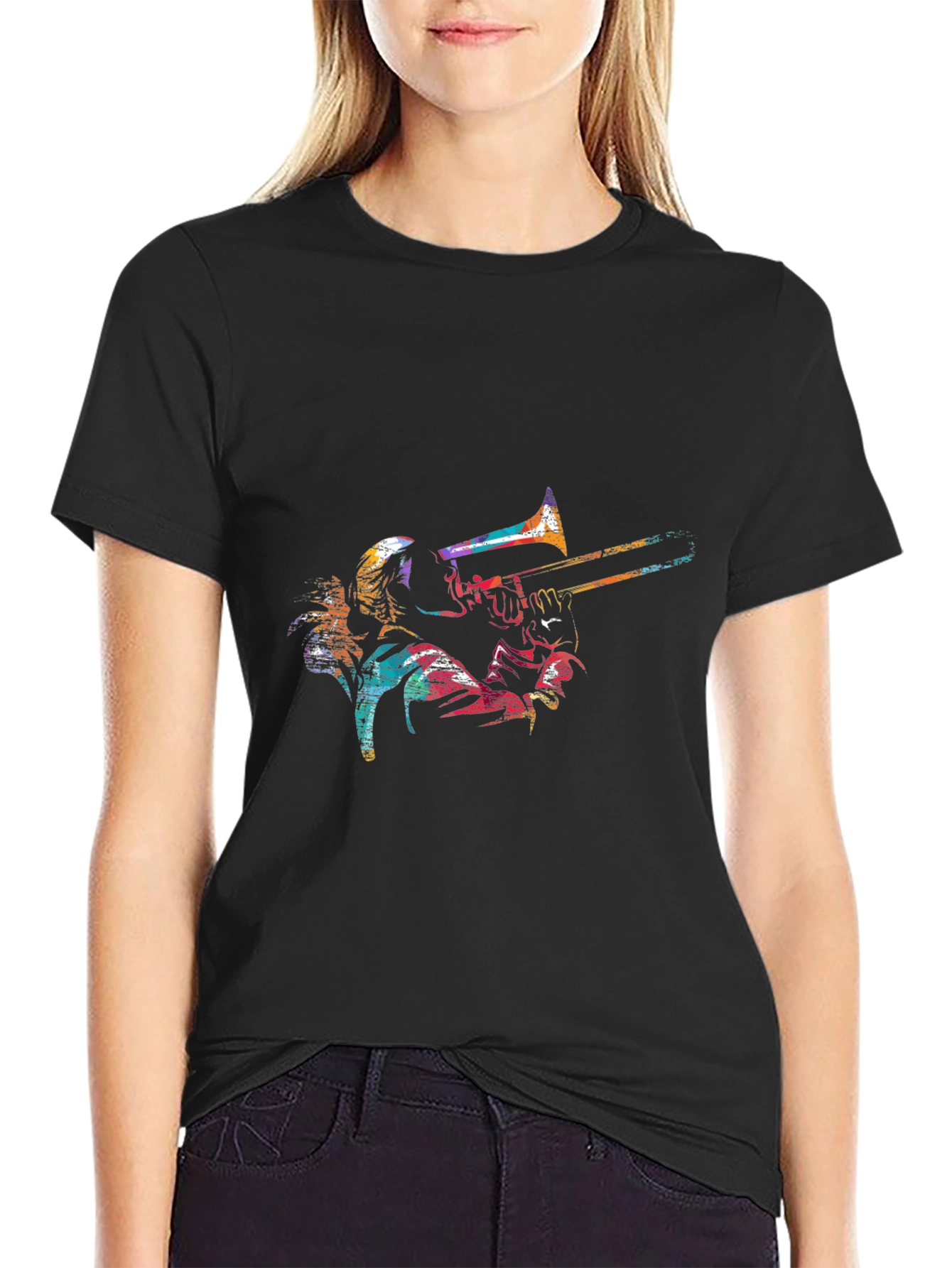 Black Colorful Trombone Player Graphic Black Tee view 2