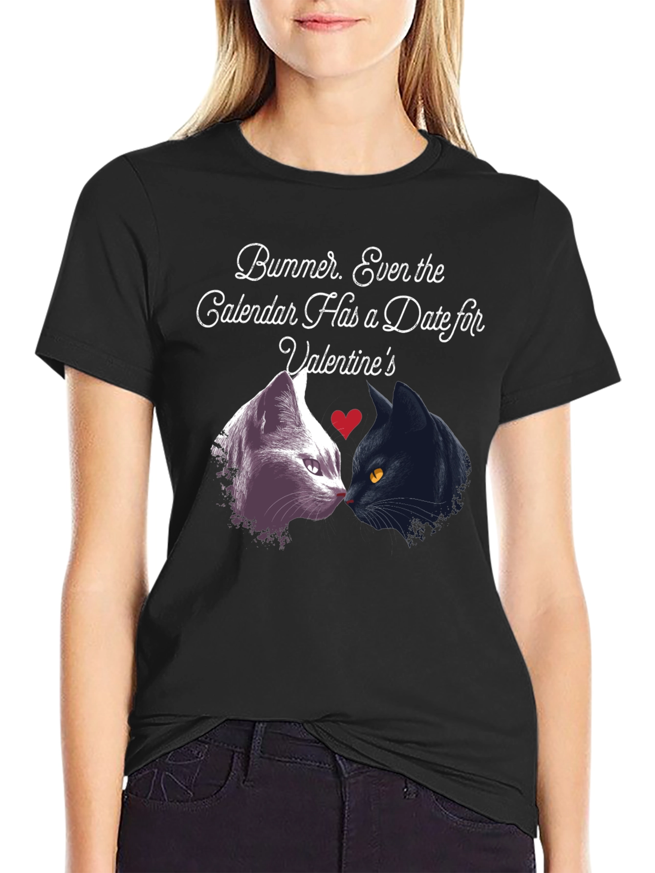 Black Valentine's Day Cat T-Shirt - 'Bummer' Single Life Apparel view 2