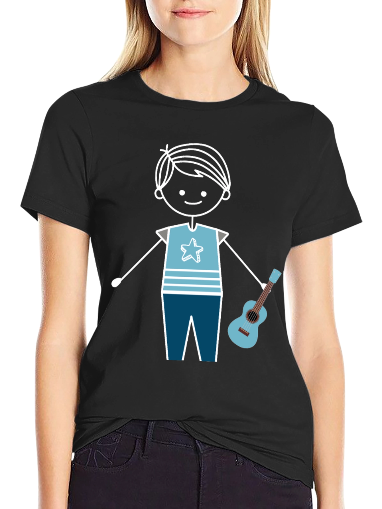 Black Cartoon Boy With Guitar Graphic T-Shirt view 2