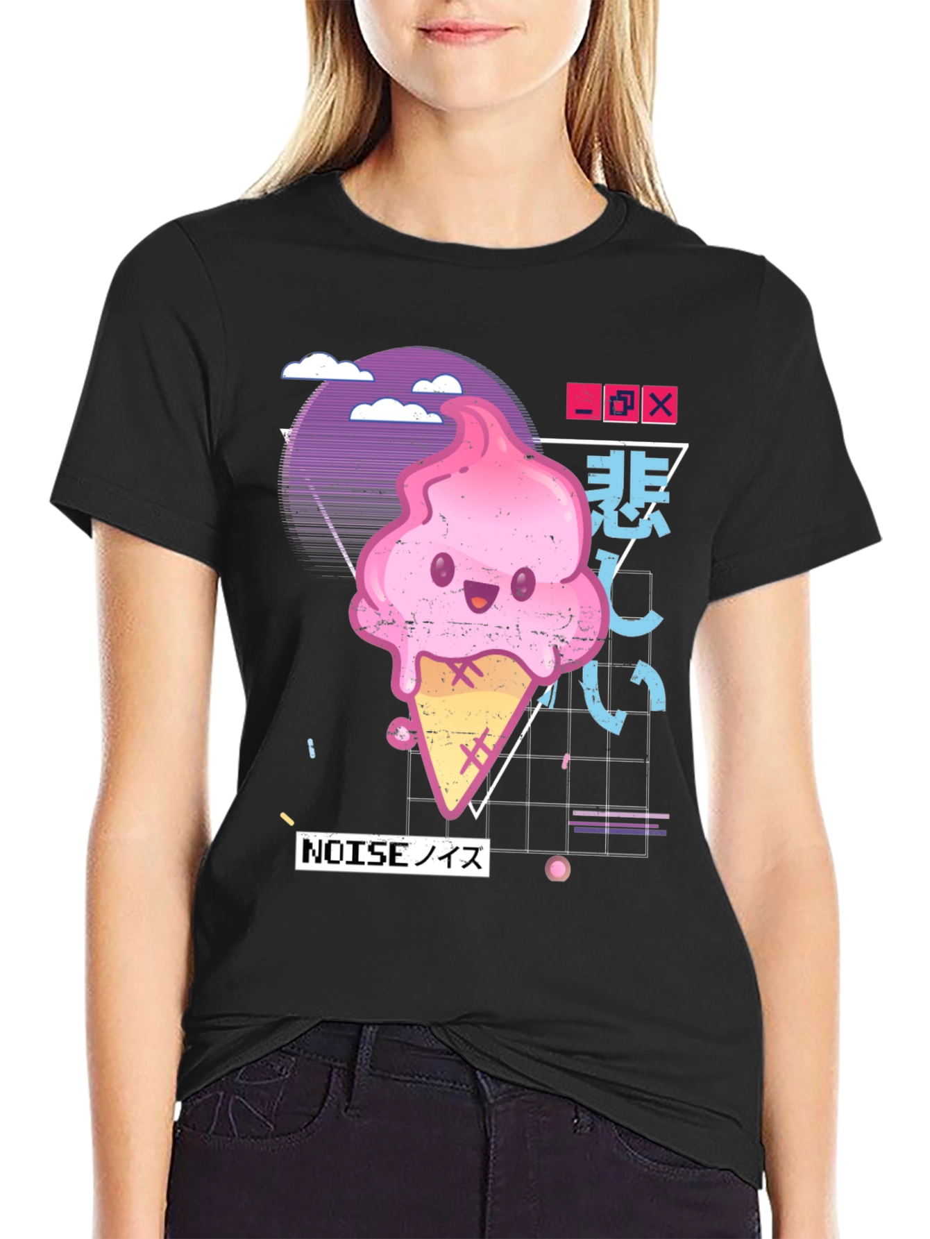 Black Kawaii Ice Cream Cone Graphic Tee view 2