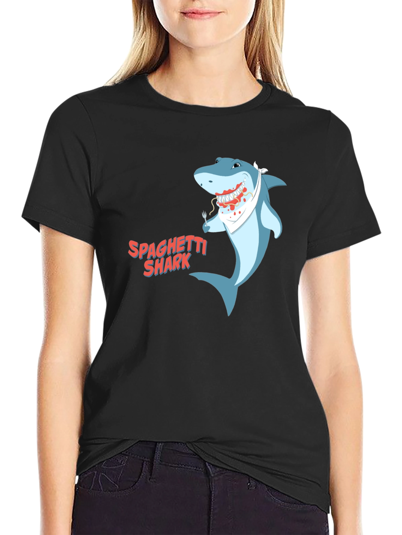 Black Spaghetti Shark Graphic Tee - Funny Cartoon Shirt view 2