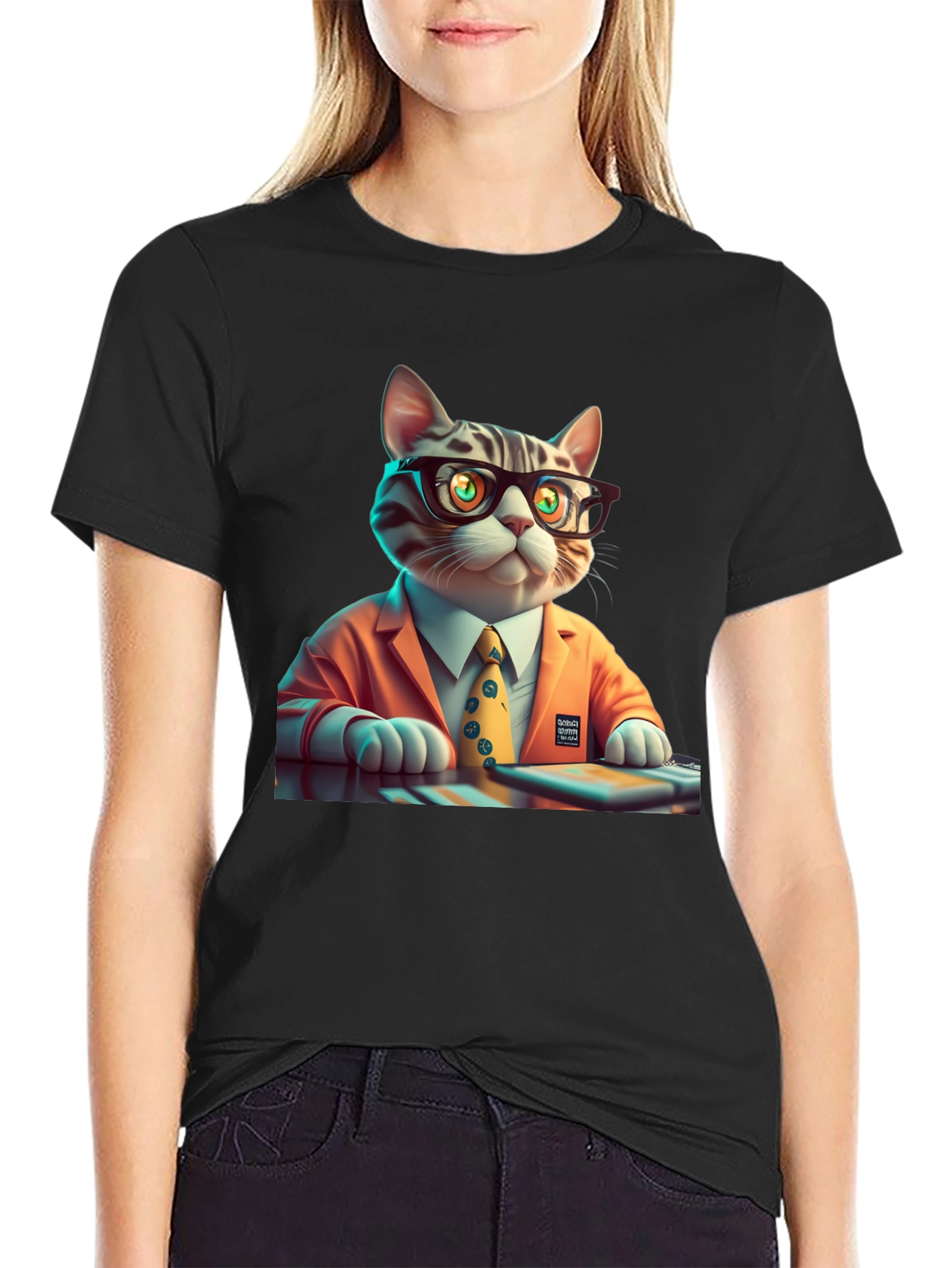 Black Cool Cat Businessman Graphic Tee view 2