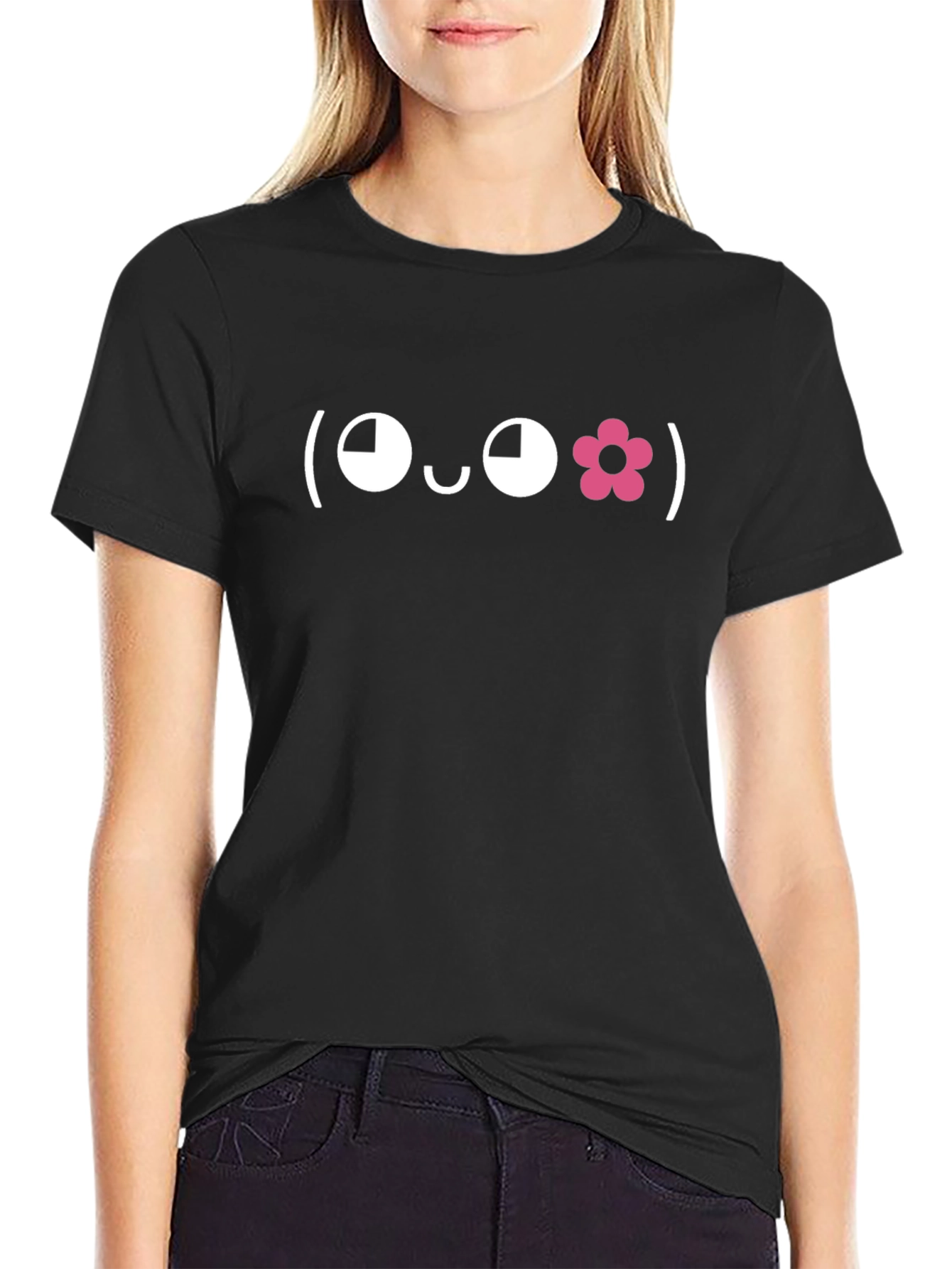 Black Cute Flower Face Emoji Black T-Shirt view 2