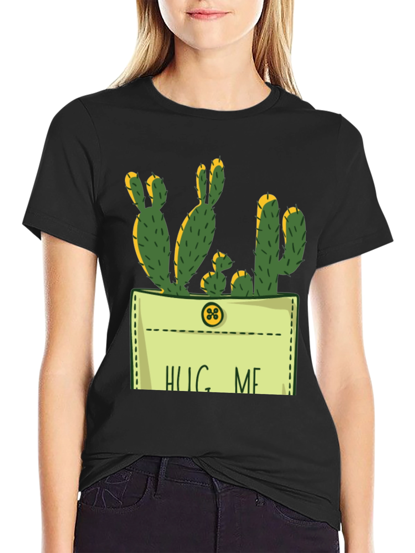 Black Hug Me Cactus Graphic Tee - Unique Design view 2