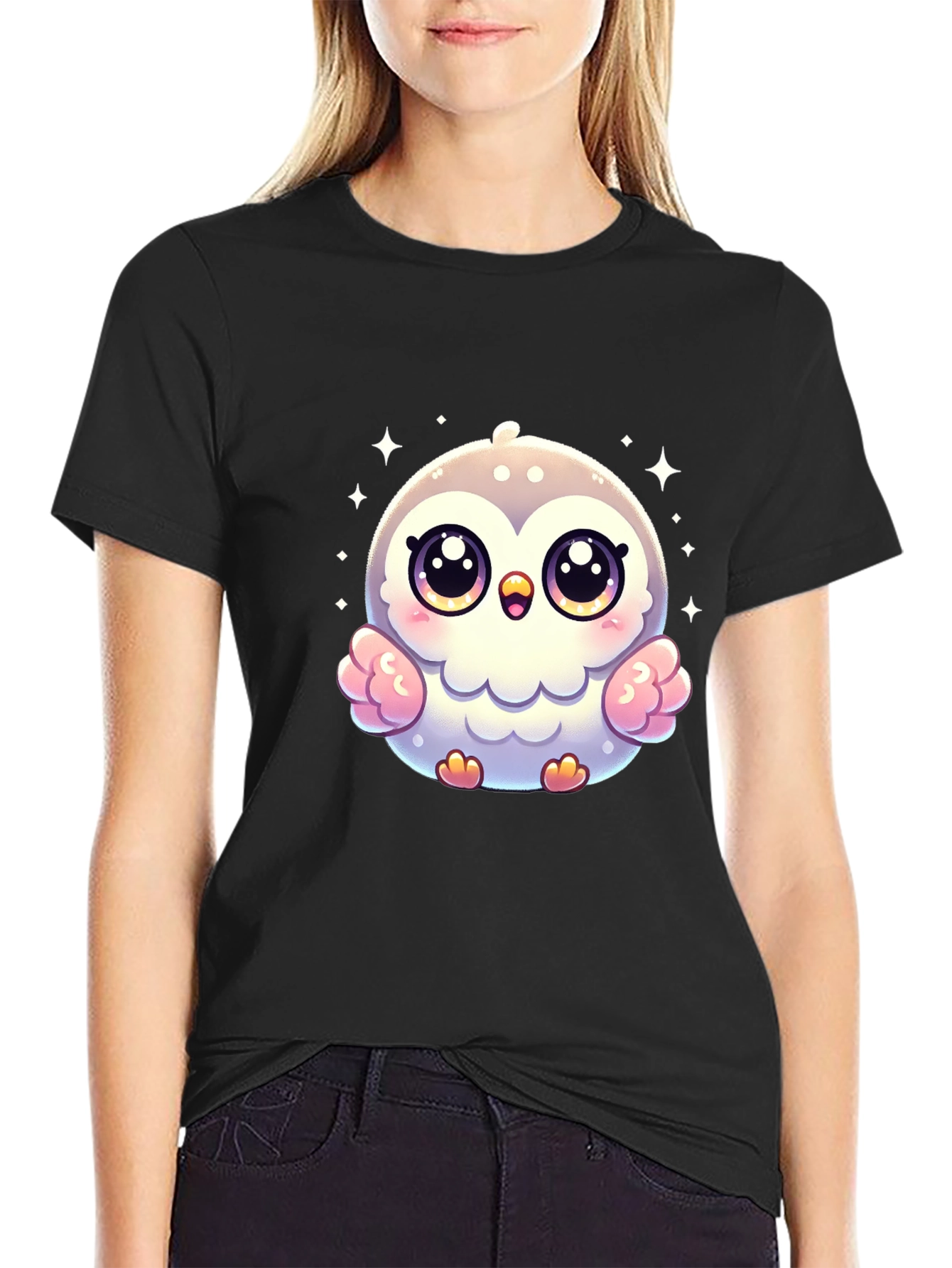 Black Cute Cartoon Owl Graphic Tee - Black view 2