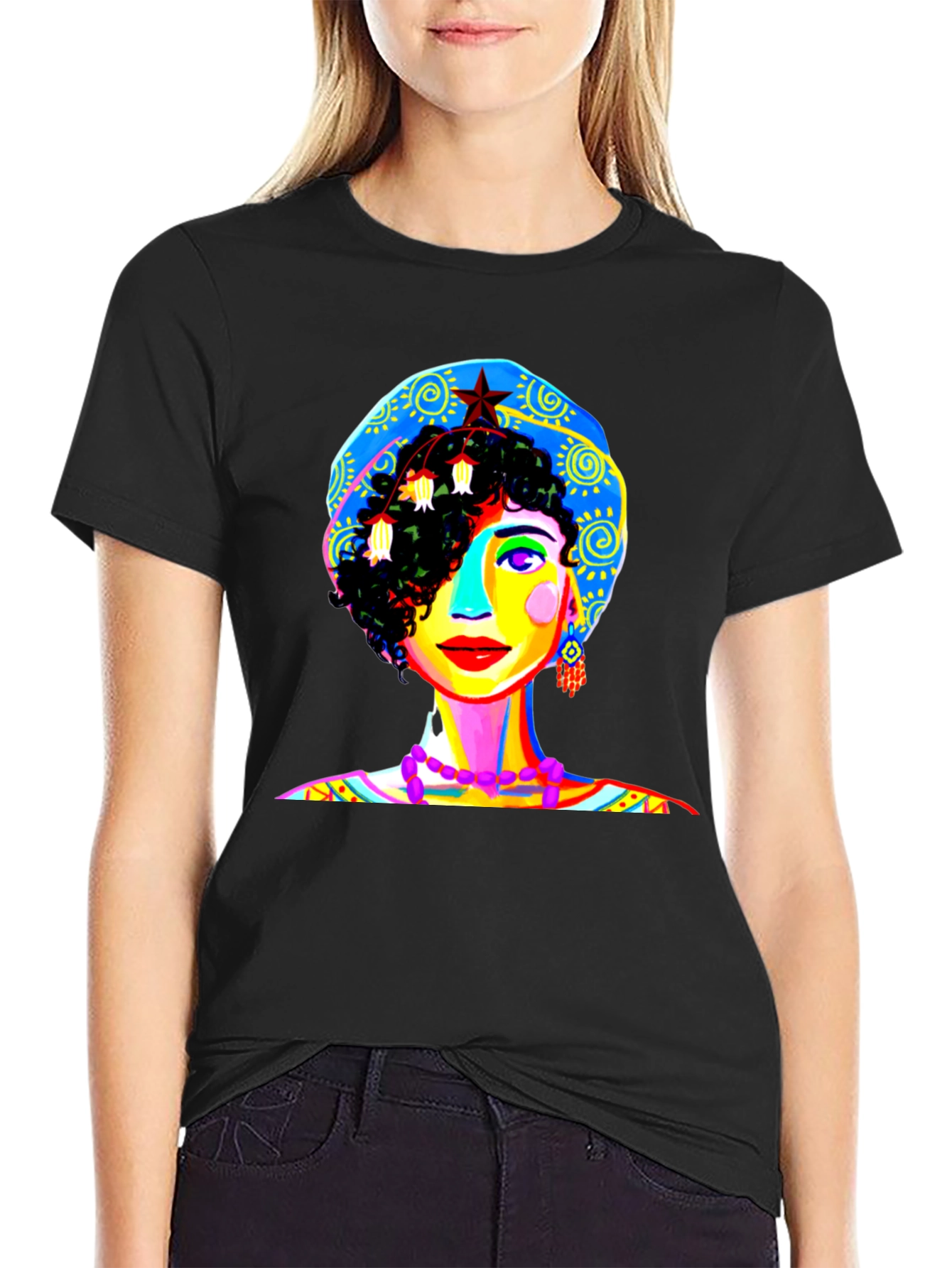 Black Vibrant Woman Graphic Tee - Unique Pop Art Design view 2