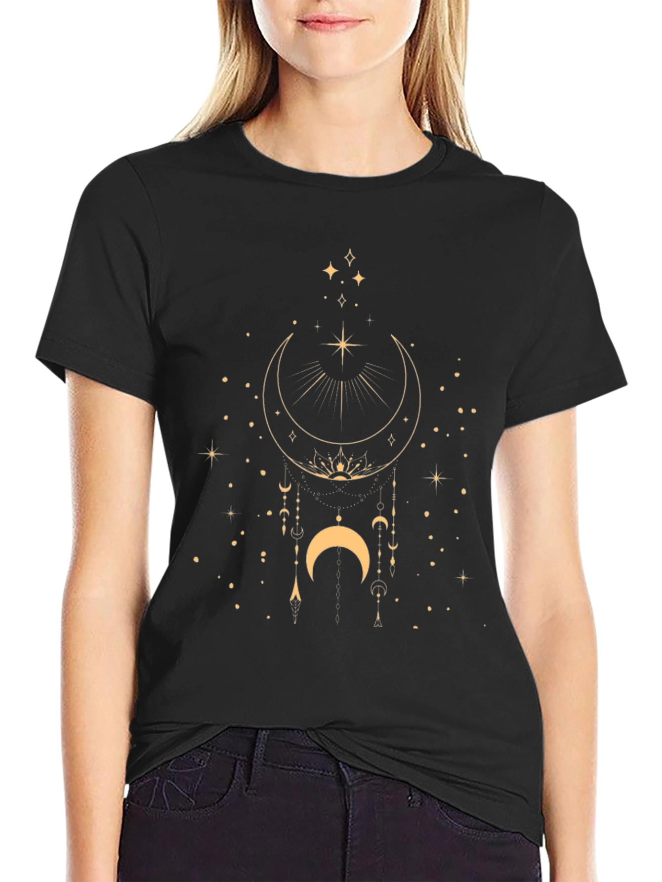 Black Celestial Moon & Stars Graphic Black T-Shirt view 2