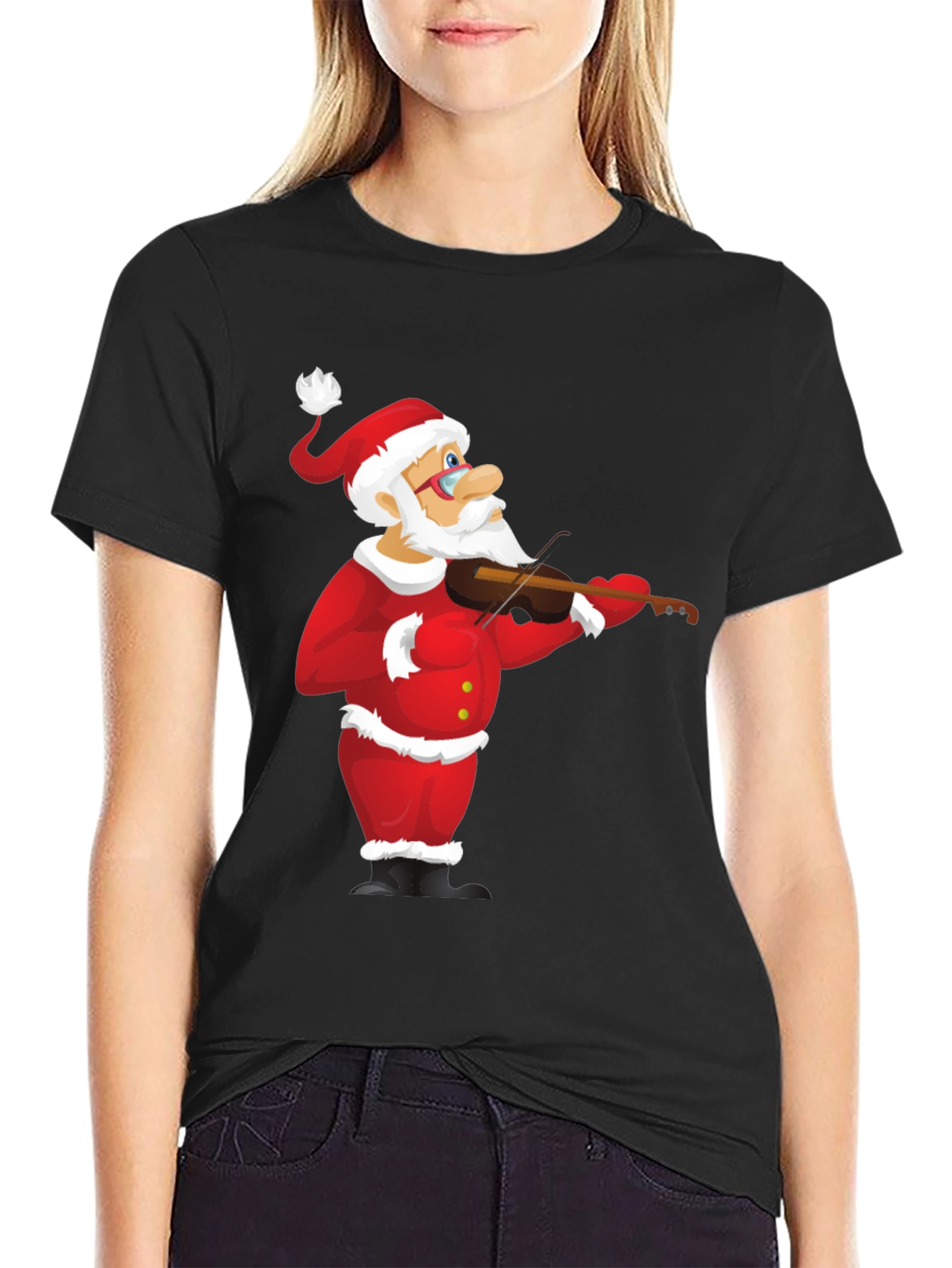 Black Santa Claus Violinist Black T-Shirt view 2