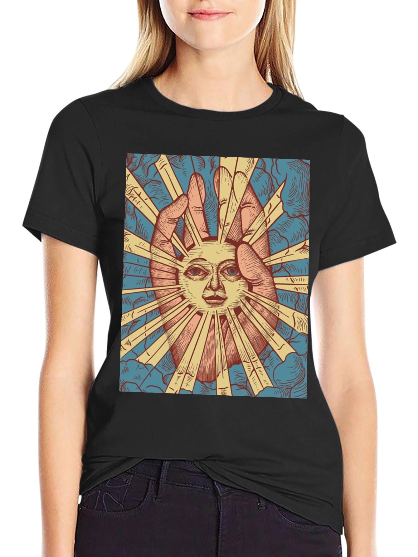 Black Mystic Sun Graphic Tee - Unique Hand Drawn Design view 2
