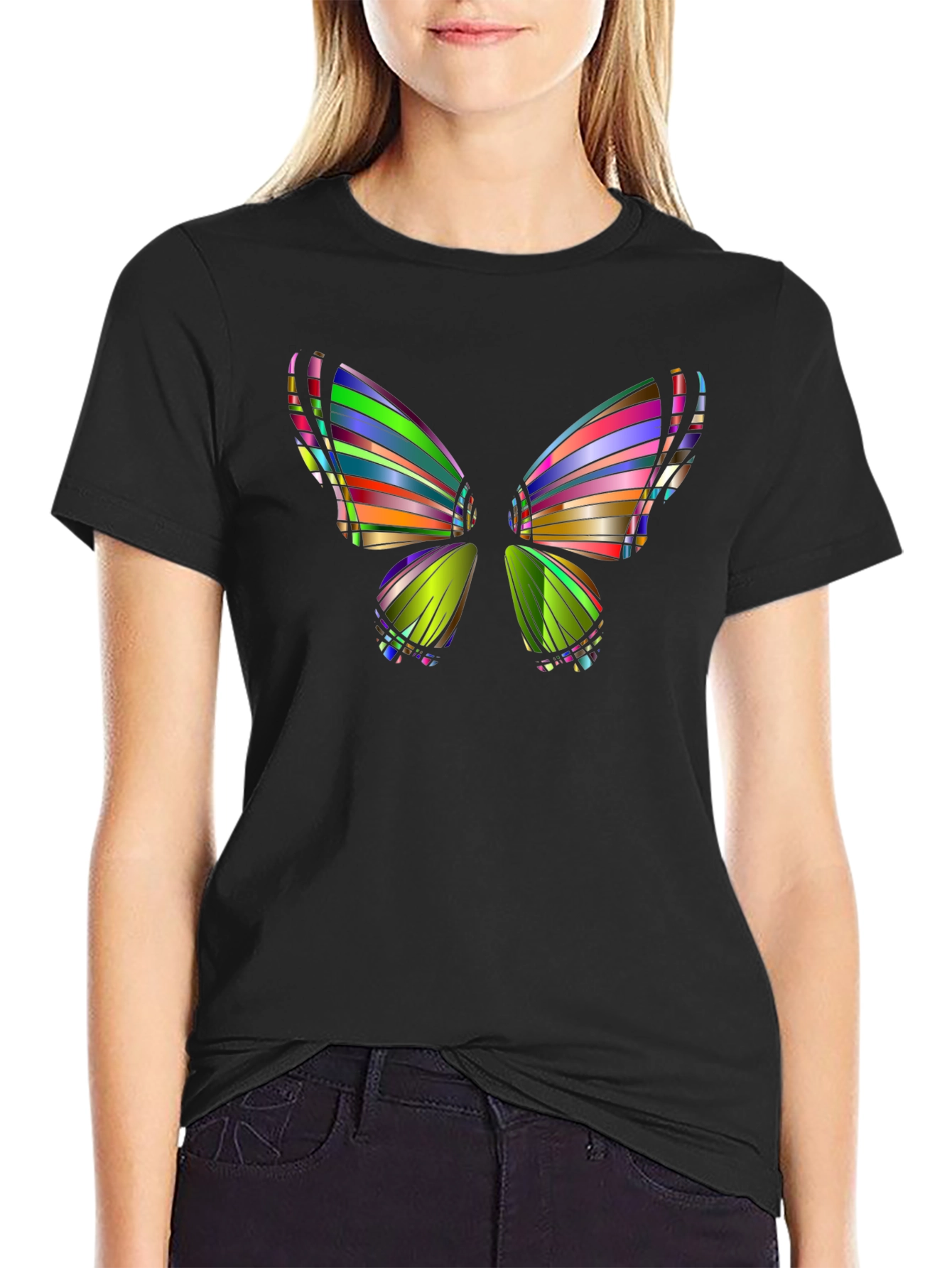 Black Colorful Butterfly Graphic Black T-Shirt view 2
