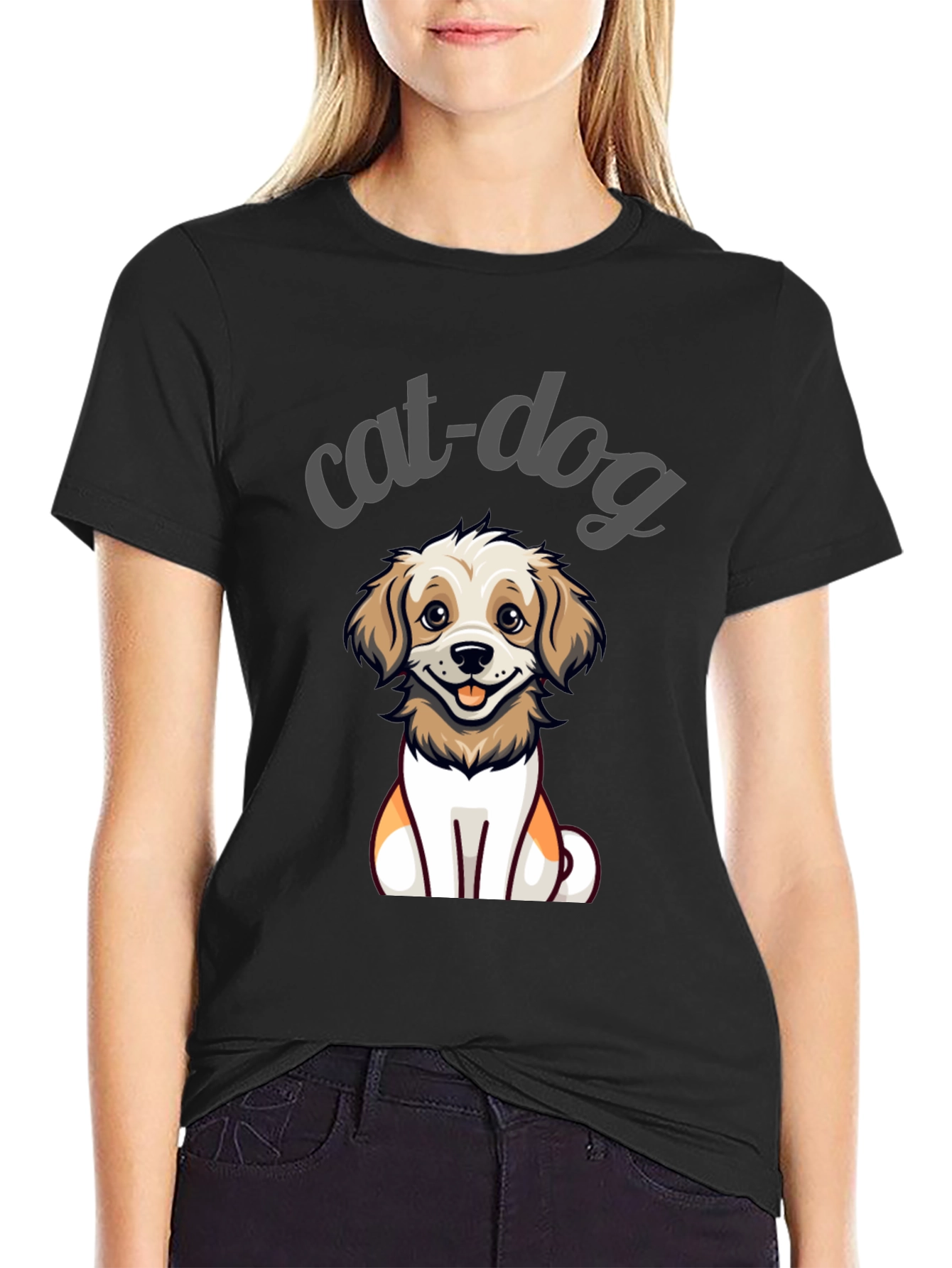 Black Cute Cat-Dog Cartoon Graphic Tee - Unisex Black T-Shirt view 2