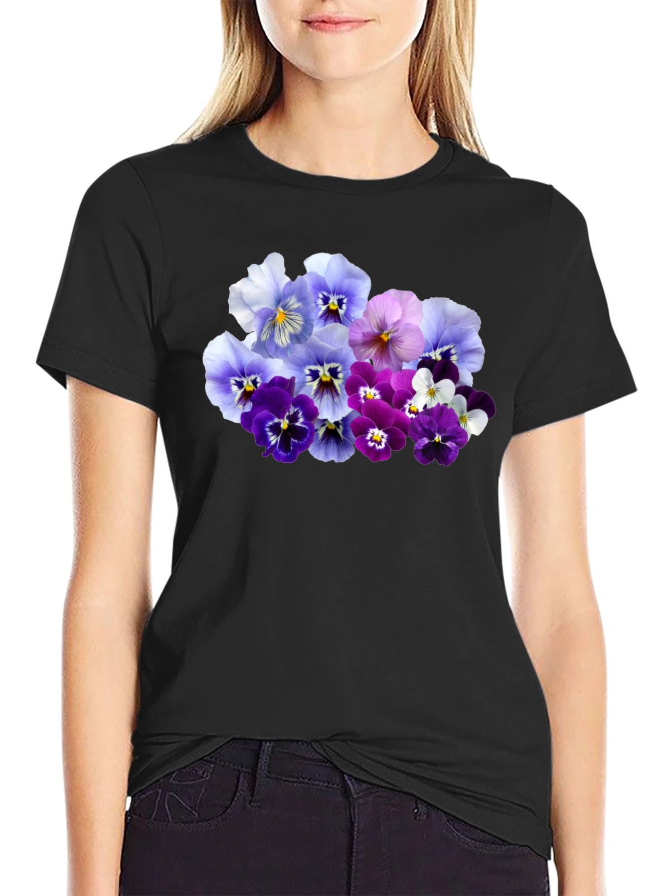 Black Floral Pansy Print Black T-Shirt view 2