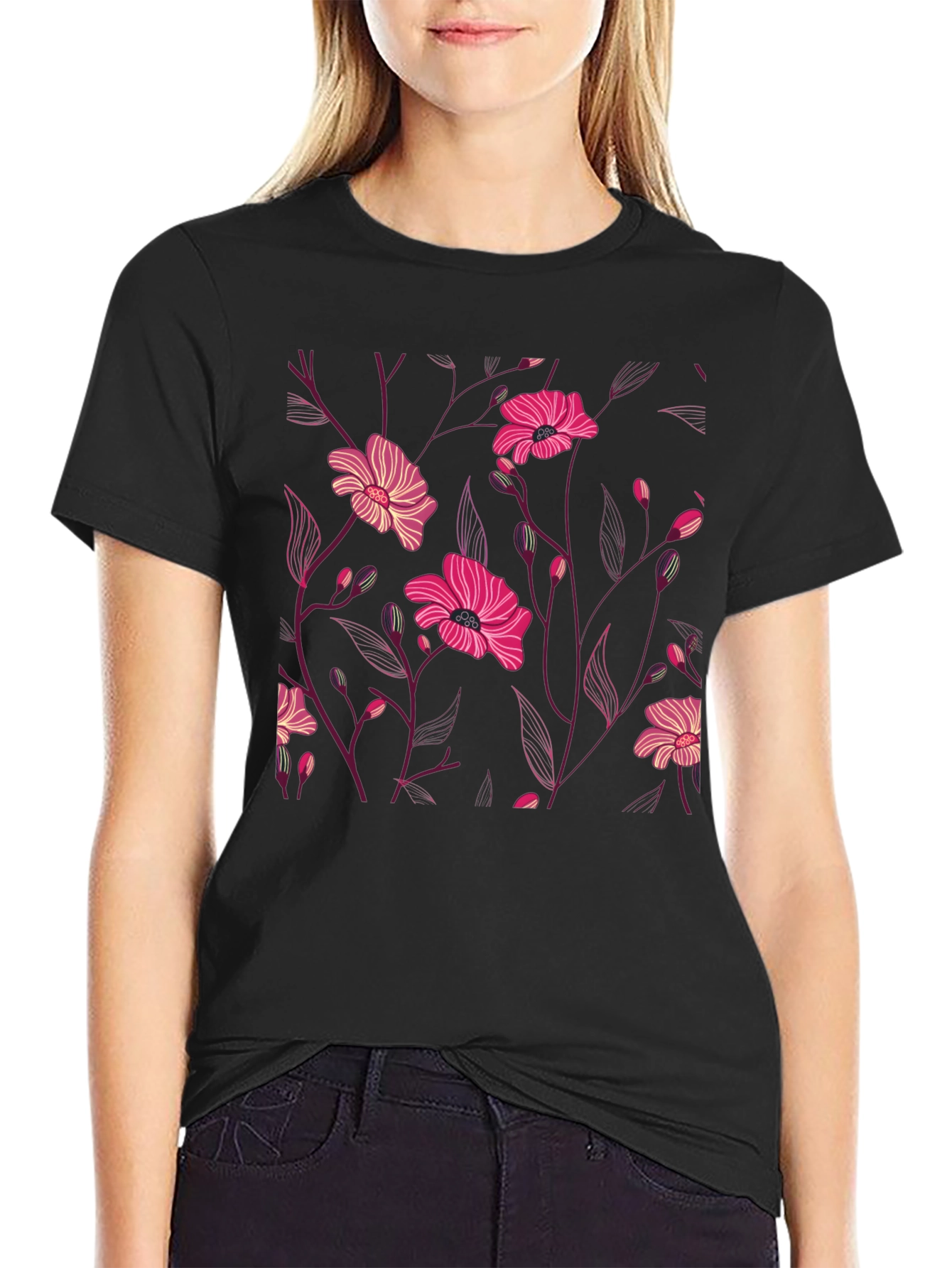 Black Floral Print Black T-Shirt view 2