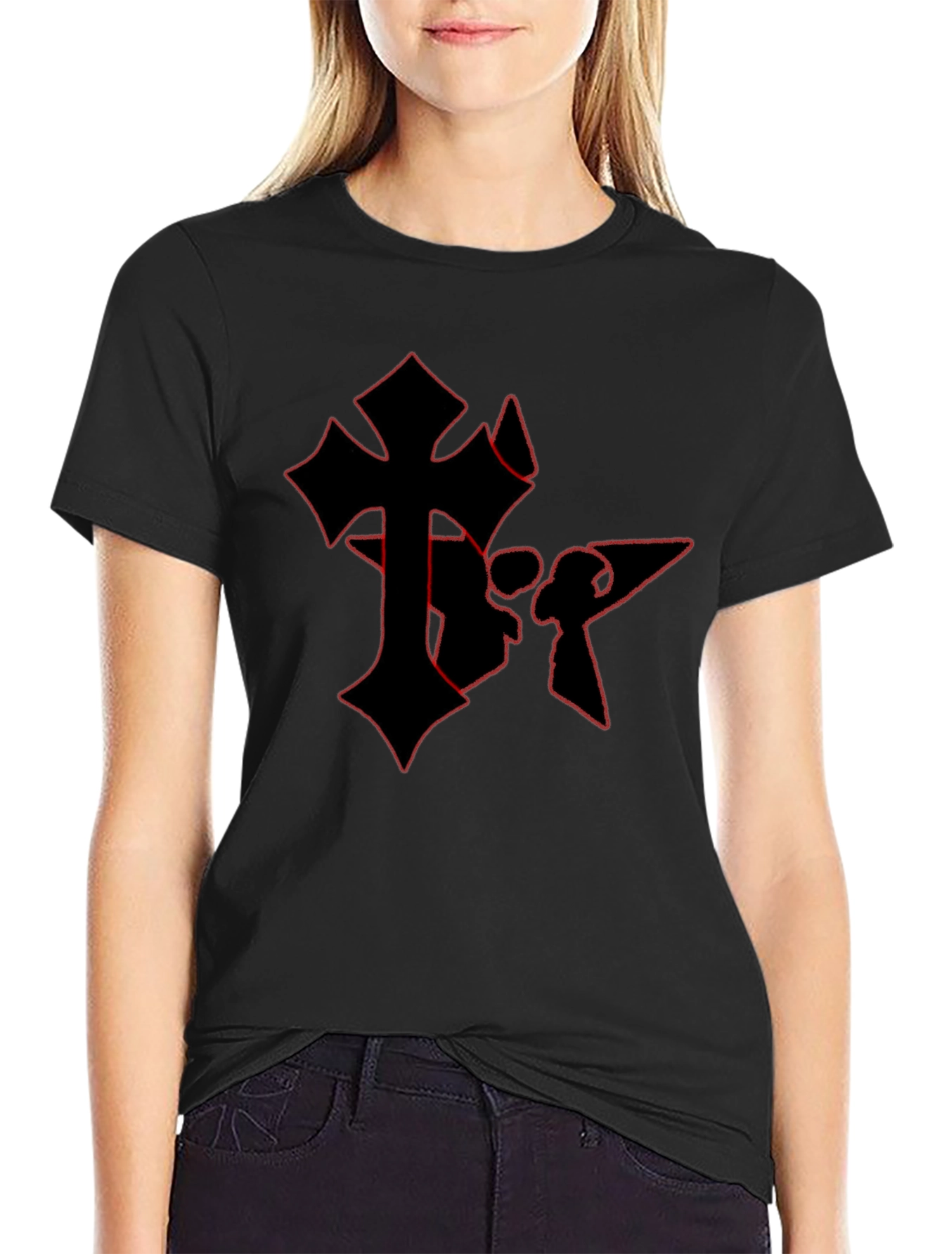 Black Edgy Gothic Cross Graphic Tee - Black Cotton Blend view 2