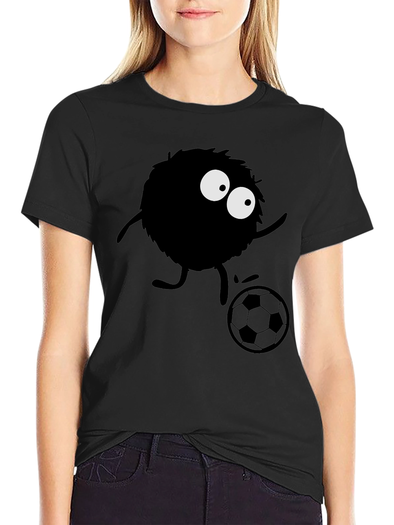 Black Fuzzy Monster Soccer T-Shirt - Black Cotton Tee view 2