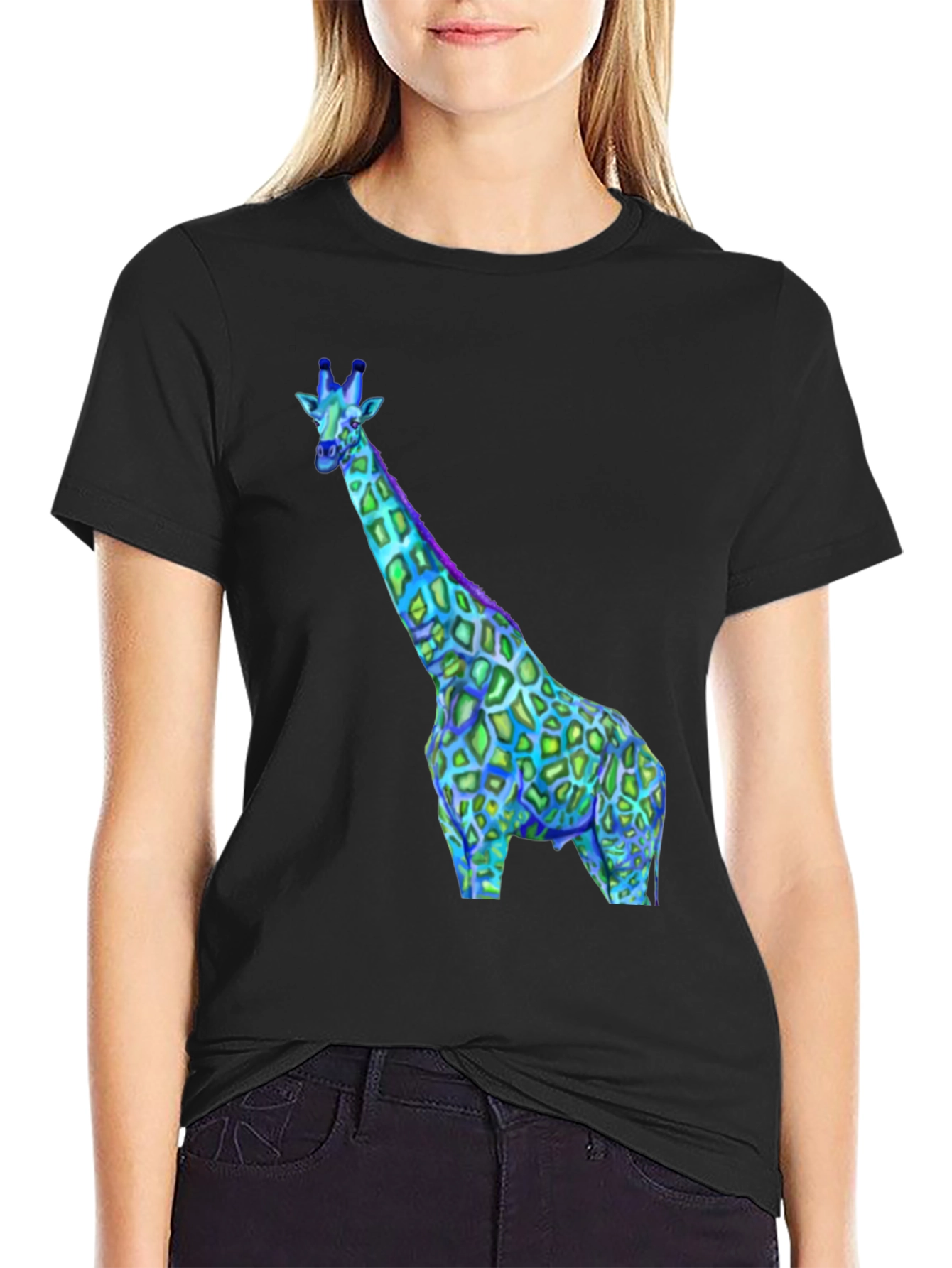 Black Neon Giraffe Graphic Tee - Black Crewneck Shirt view 2