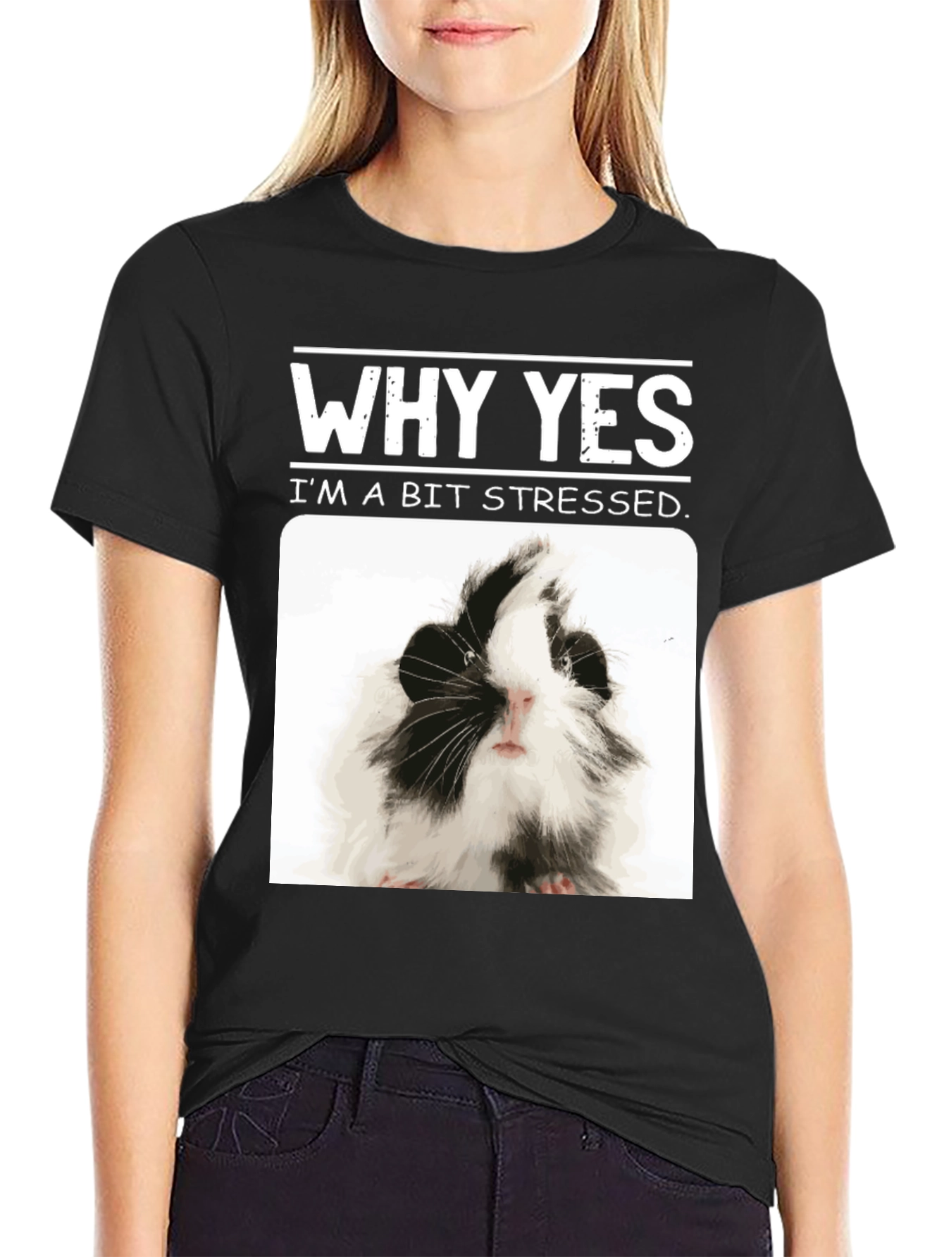Black Why Yes I'm A Bit Stressed Guinea Pig T-Shirt view 2