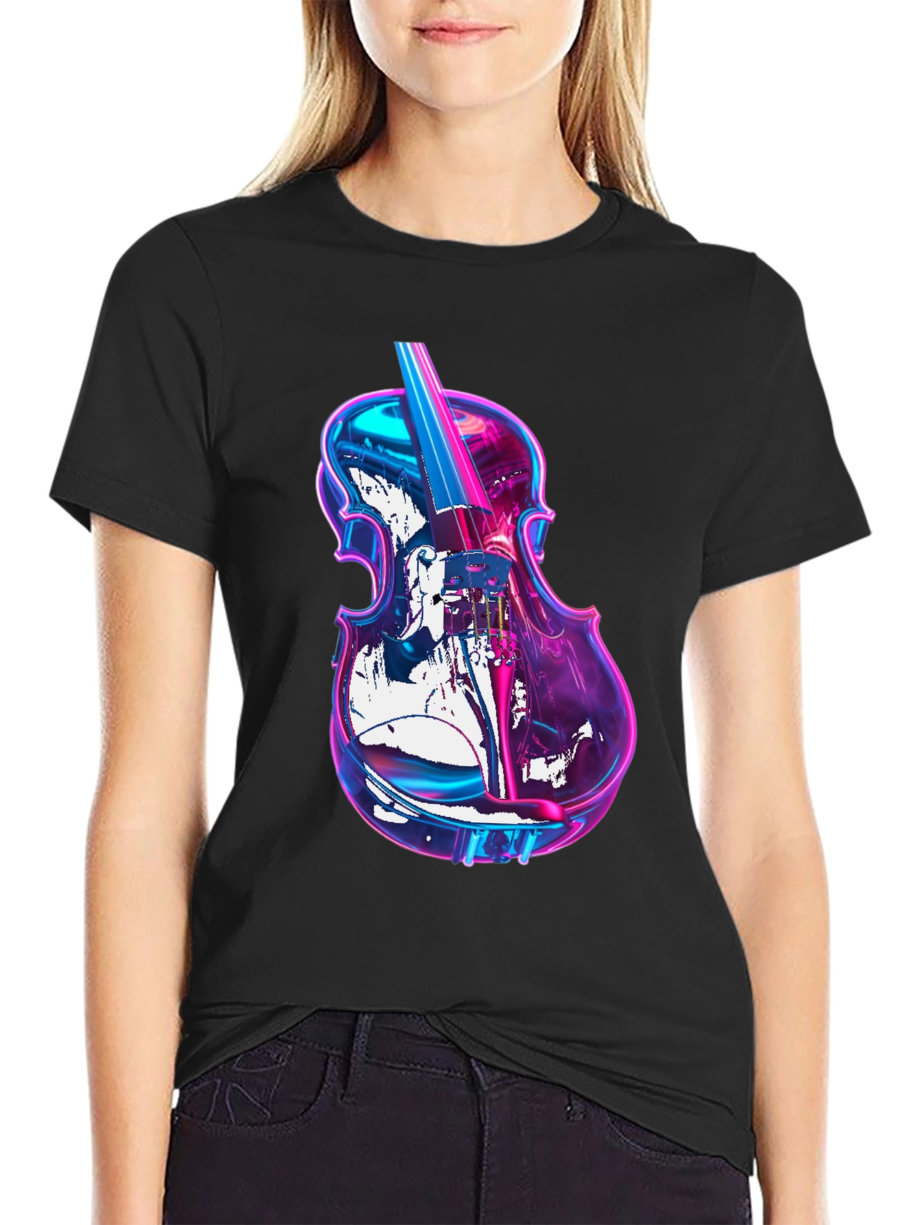 Black Vibrant Neon Violin Graphic Black T-Shirt view 2