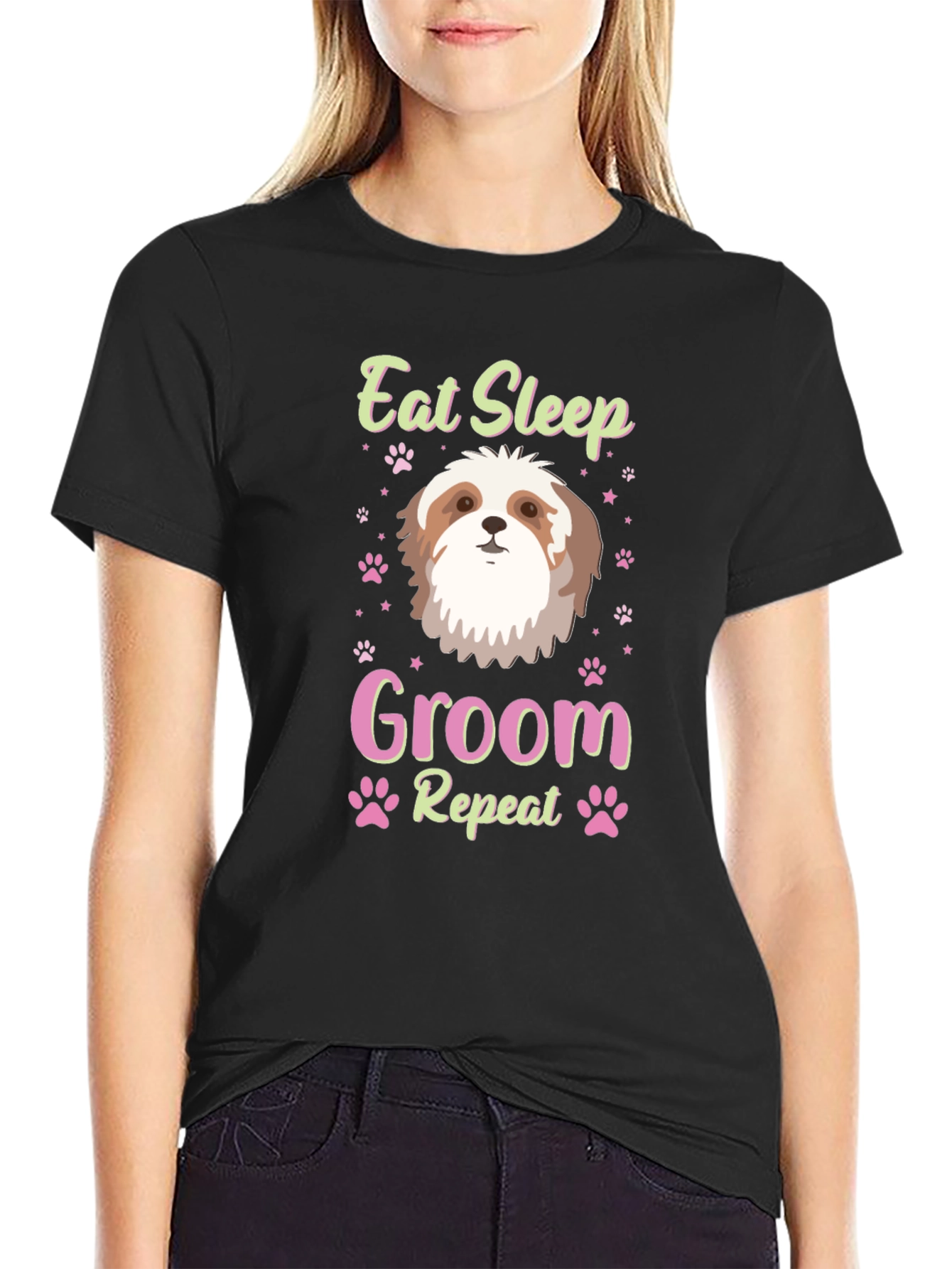 Black Eat Sleep Groom Shih Tzu Dog Lover T-Shirt view 2