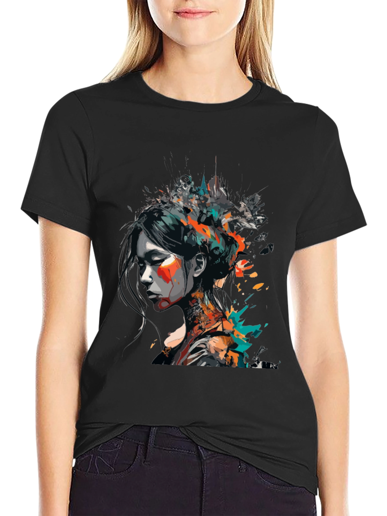 Black Abstract Art Woman's Graphic Tee - Modern Style view 2